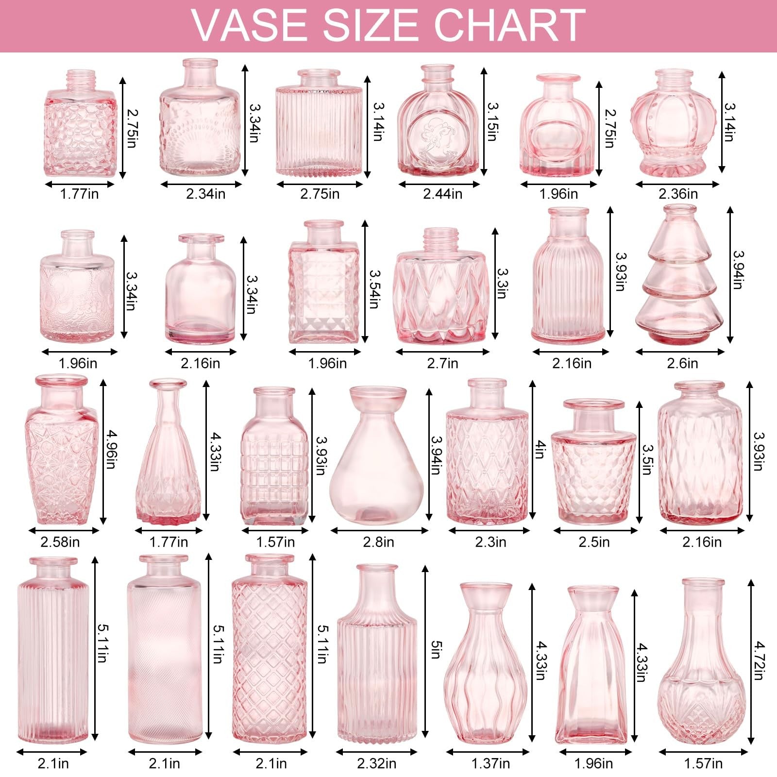 Set of 36 pink glass bud vases by Fixwal, small flower vases for centerpieces, mini decorative glass vases for floral arrangements.