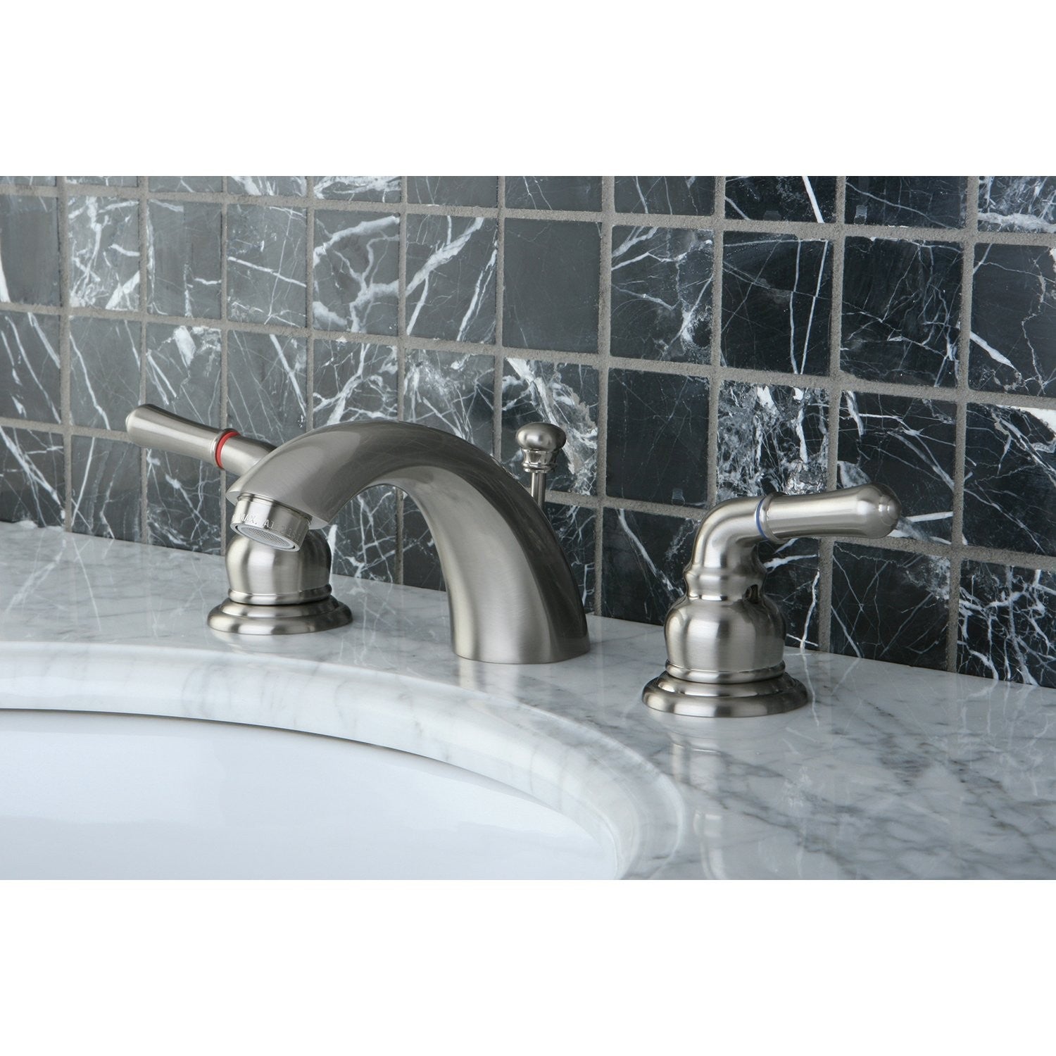 Kingston Brass KB958KL mini-widespread bathroom faucet in brushed nickel with two handles and sleek modern design.