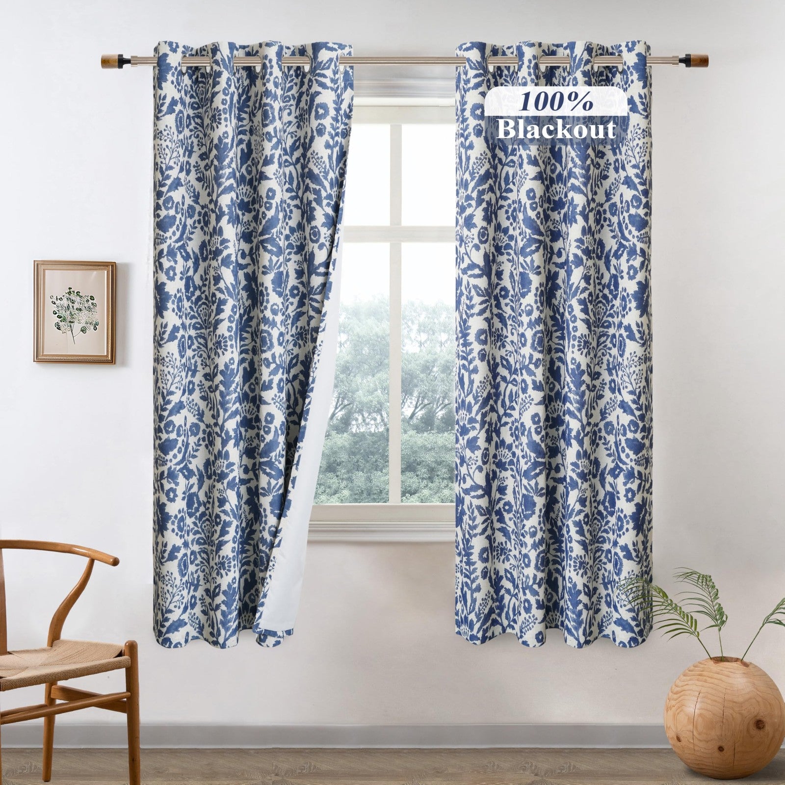 DriftAway Julia Watercolor blackout window curtains with thermal lining, black with a watercolor design, for energy-efficient room darkening.