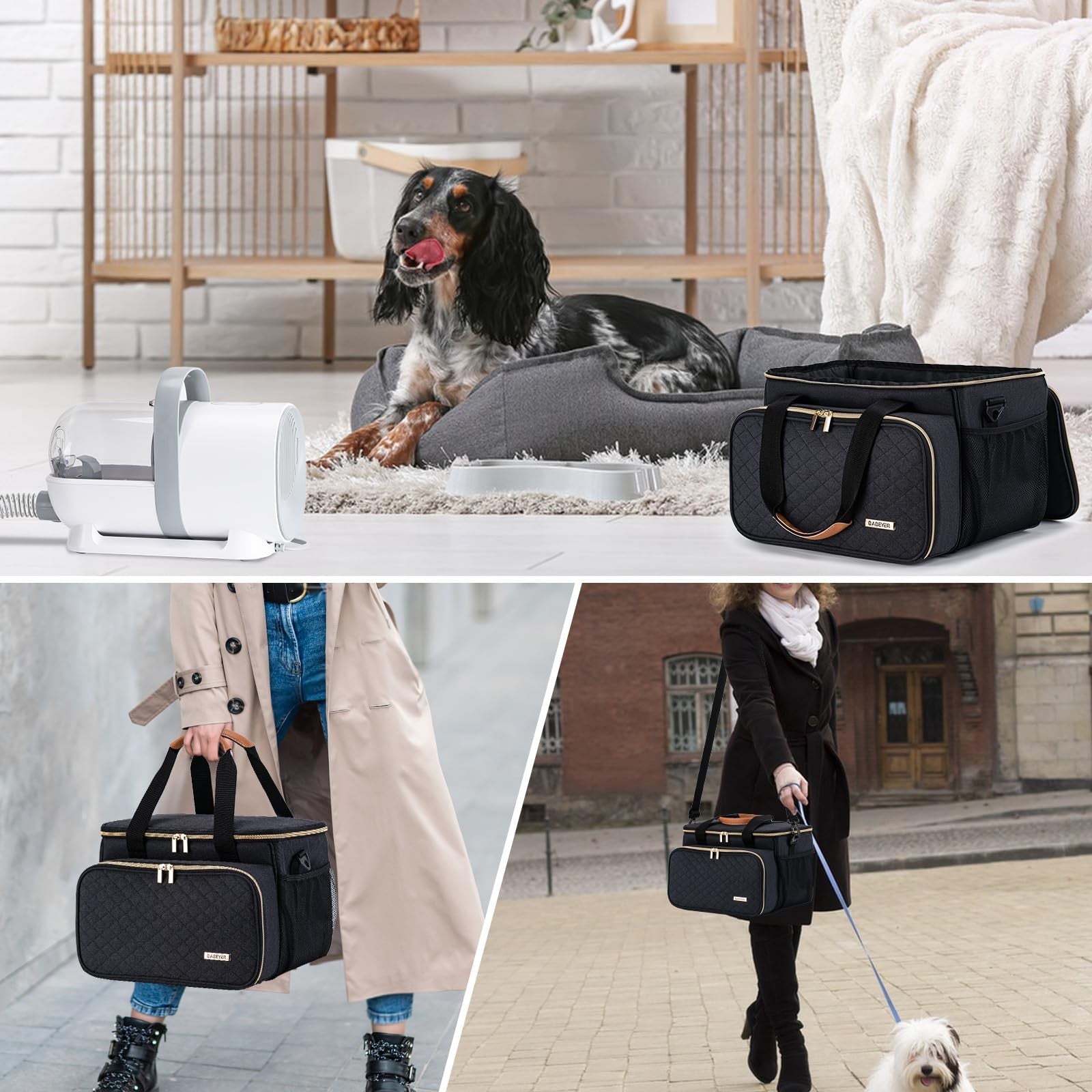 BABEYER dog grooming vacuum bag for pet hair removal, compact grooming kit bag with zipper and adjustable straps.