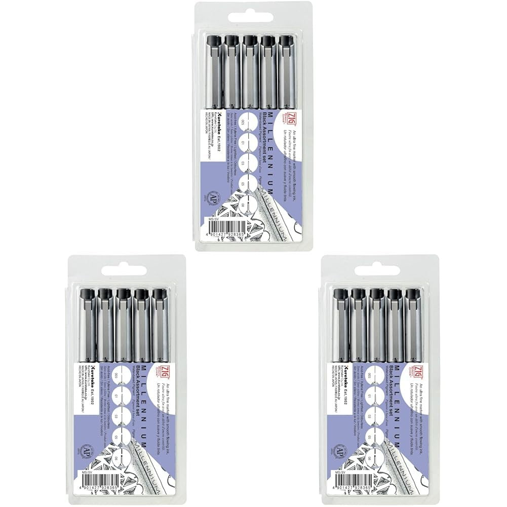 Set of three Kuretake Zig Memory System Millennium markers in black, featuring fine tip for detailed writing and art projects.