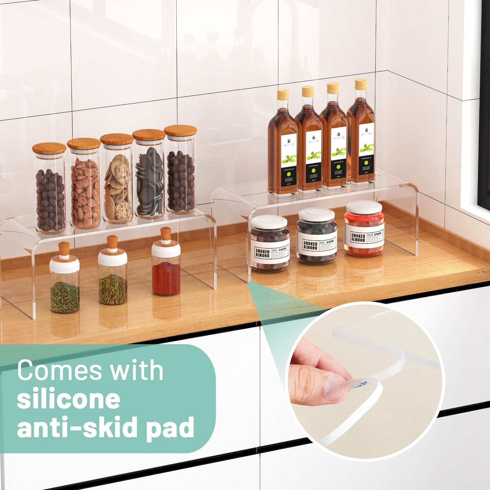 HTRYBNES clear kitchen cabinet shelf organizers, 2-pack spice rack risers for enhancing storage and organization.