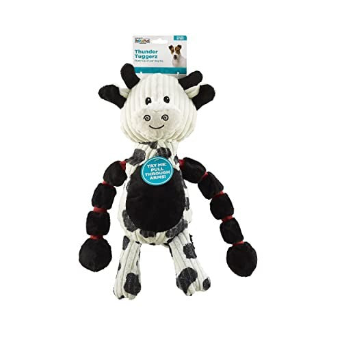 Outward Hound Charming Pet Thunda Tugga Cow plush dog toy with squeaker, pack of two, designed for tug and play.