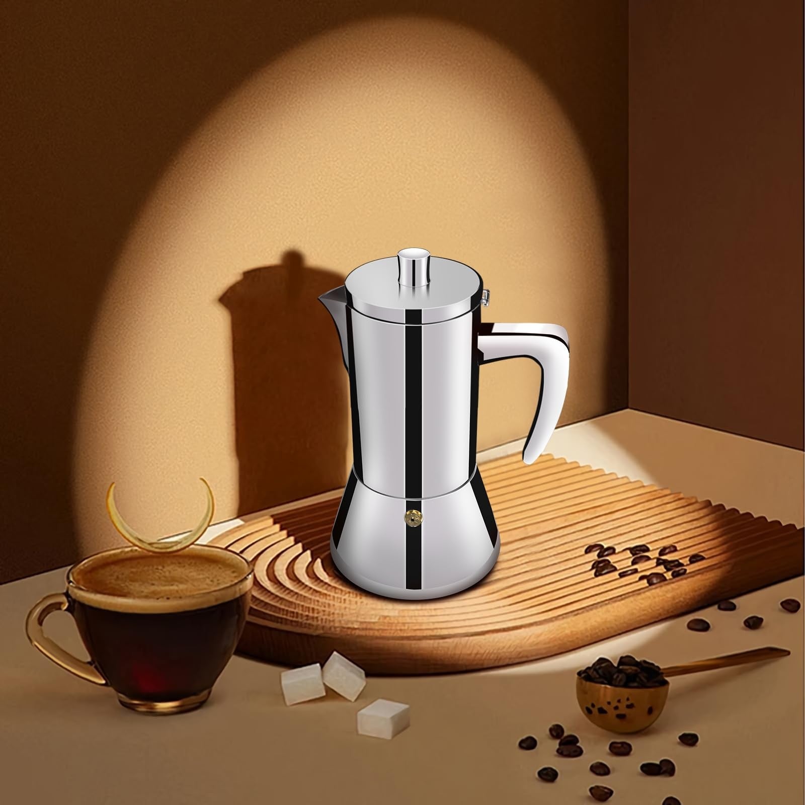 DITOSH 12-cup stainless steel moka pot for stovetop espresso brewing, featuring a classic design with a polished finish