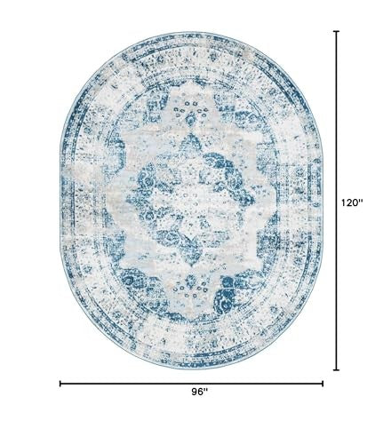 Unique Loom Sofia Collection oval area rug in blue and ivory with intricate patterns, 8x10 size, Salle Garnier design.
