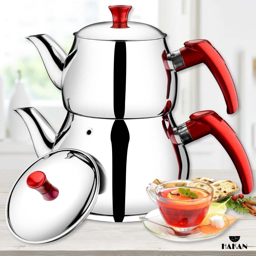 Hakan 93 oz stainless steel teapot set with self-strainer, double lids, and midi size, featuring a sleek, modern design.