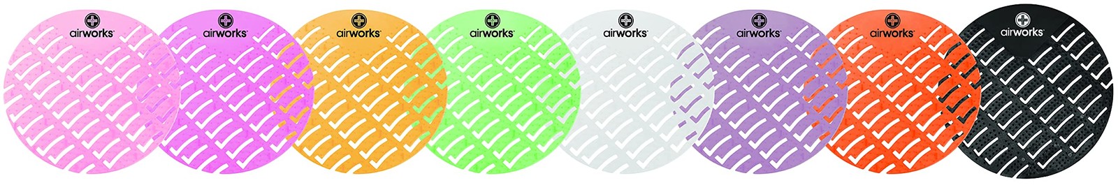 Set of 10 Hospeco Airworks Awus004-Bx urinal deodorizer screens in strawberry red, designed to neutralize odors effectively.