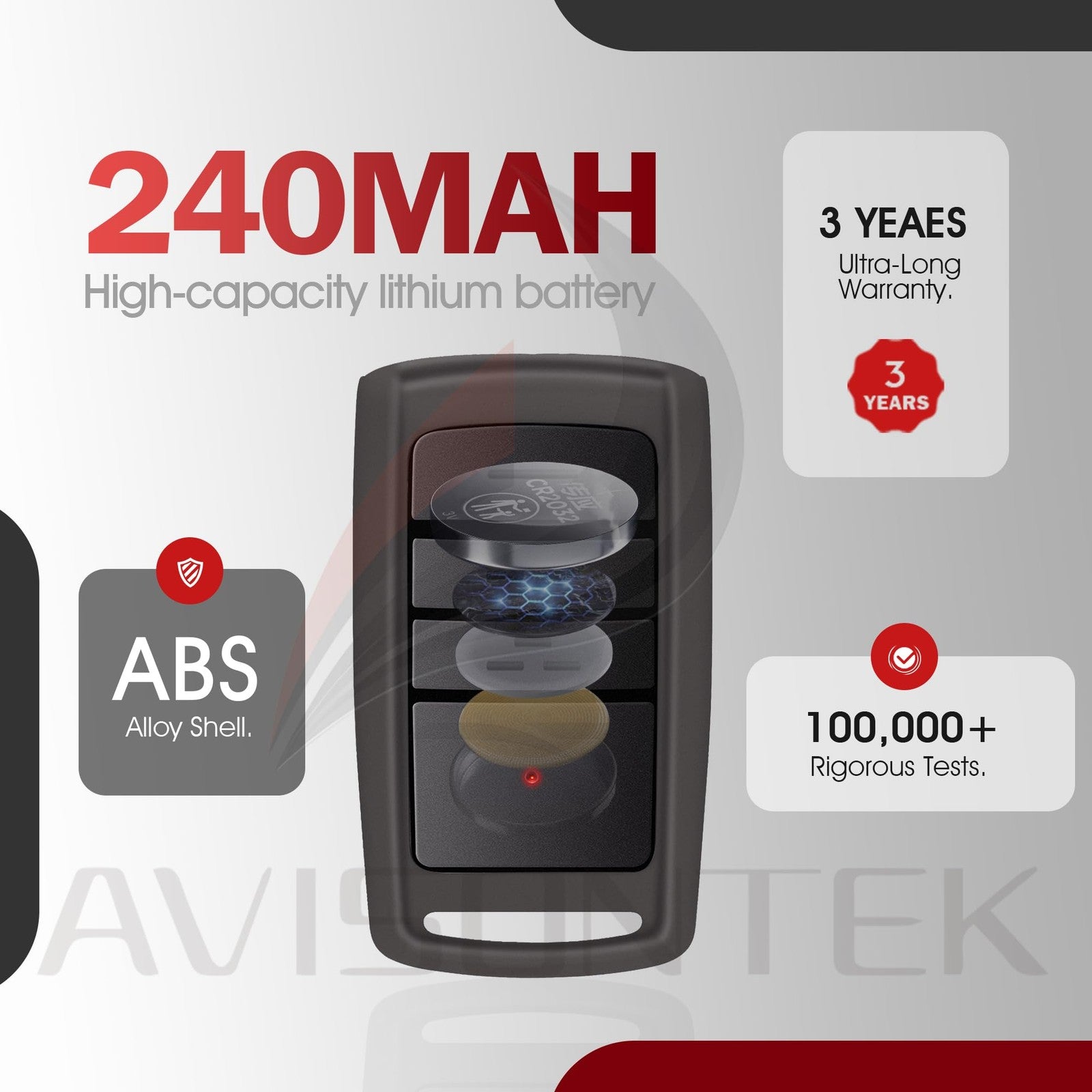 Avisontek 3X overhead garage door opener remote O3T-BX and O3T-A with 10-year warranty, displayed in a close-up image.