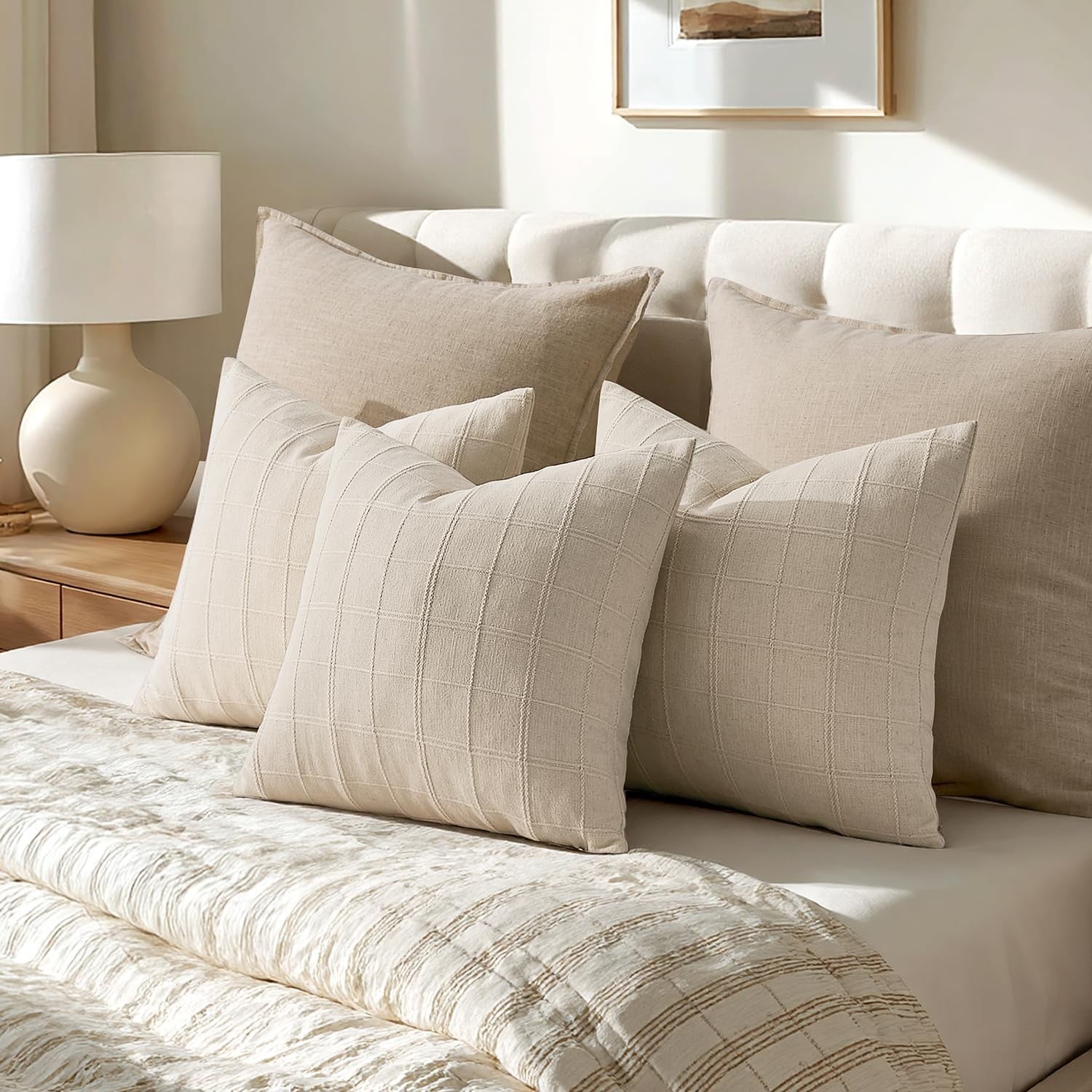 Set of two Woaboy linen check throw pillow covers, 26x26 inches, in beige, farmhouse style with classic plaid pattern.
