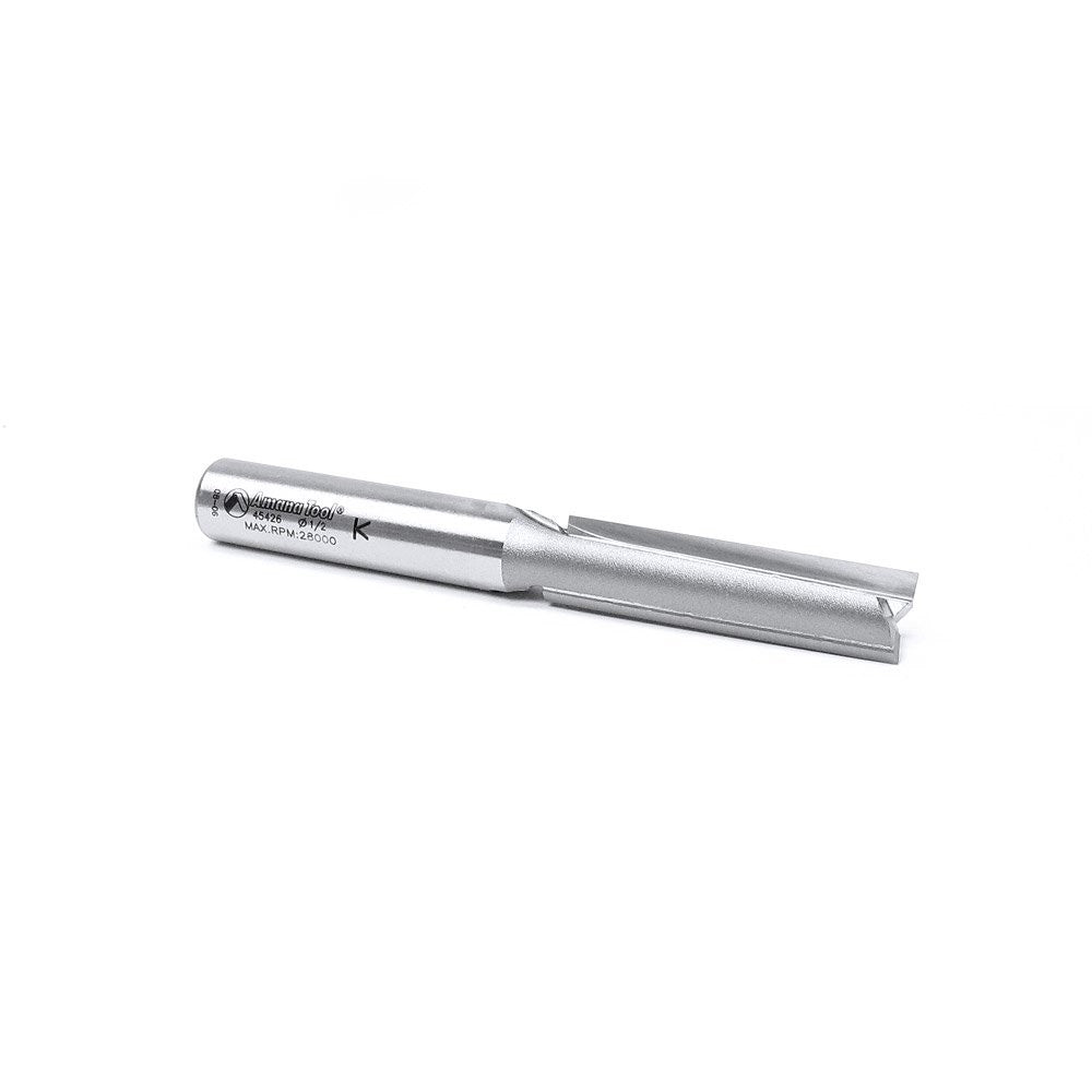 Amana Tool carbide-tipped straight plunge router bit with 1/2-inch diameter and 2-inch length for woodworking.