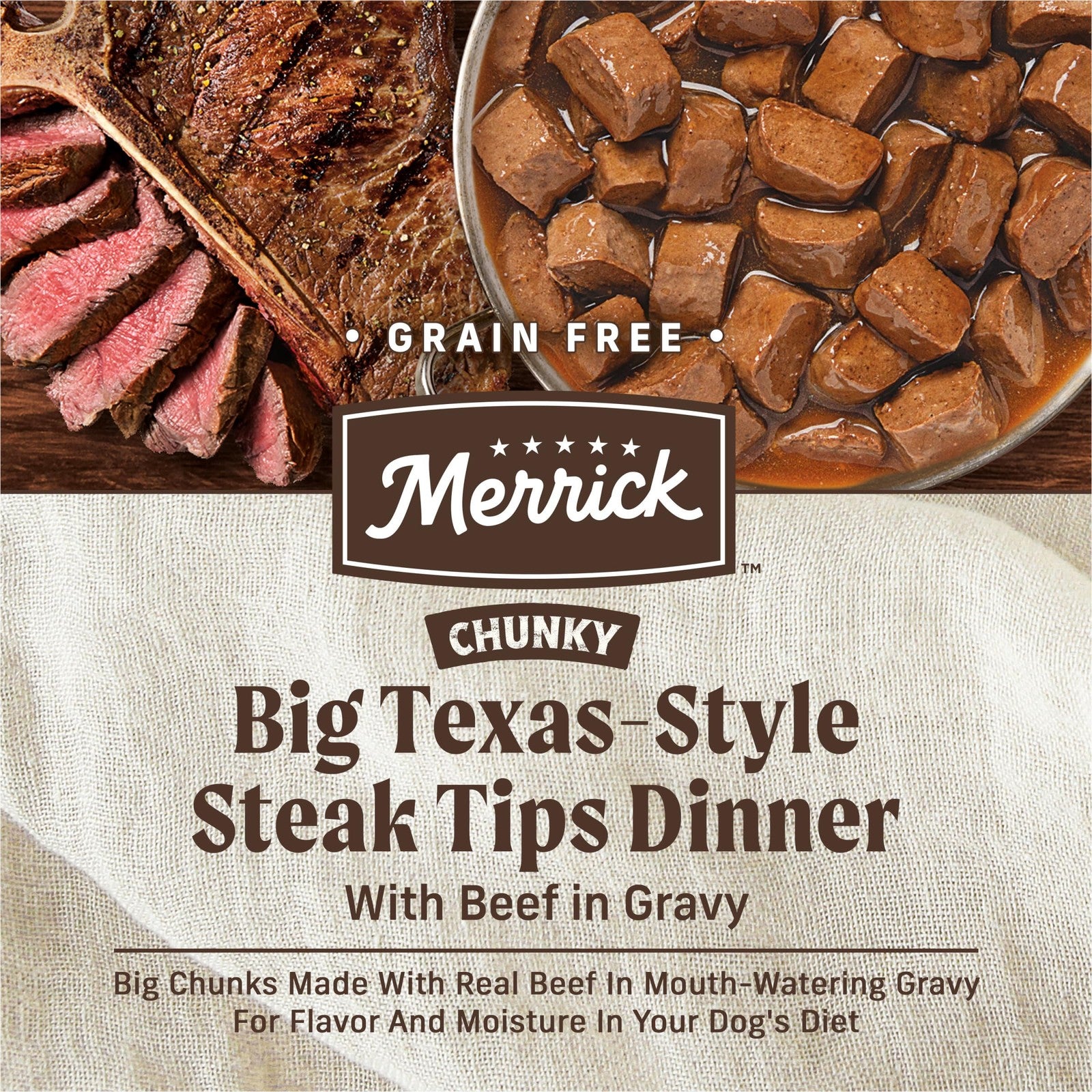 Canned Merrick Chunky Grain-Free Dog Food with real meat and wholesome ingredients in a 13 oz can.