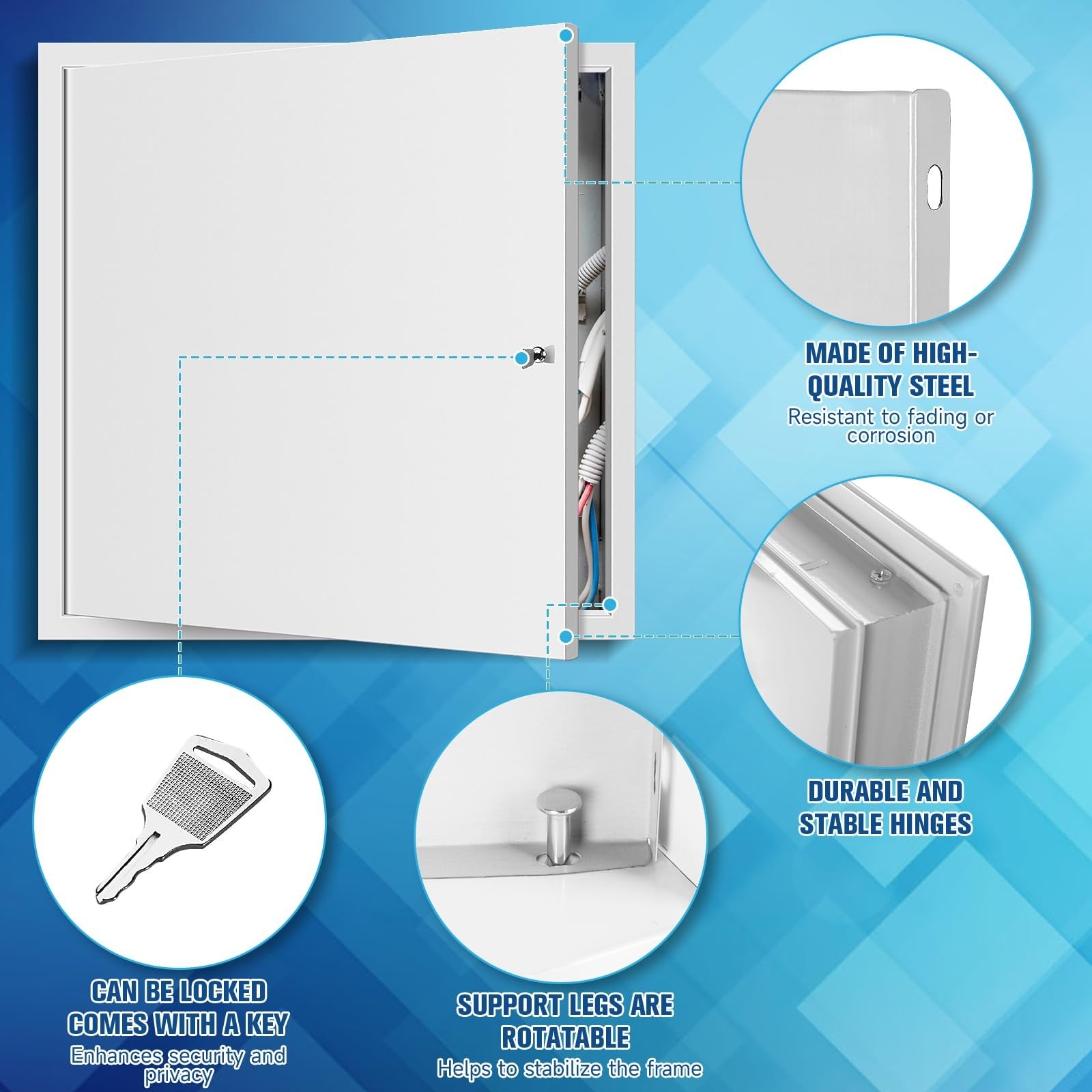 Qlyyopsk drywall access panel 16x24 inch with lock and key for ceiling installation, metal construction, open door showing interior.