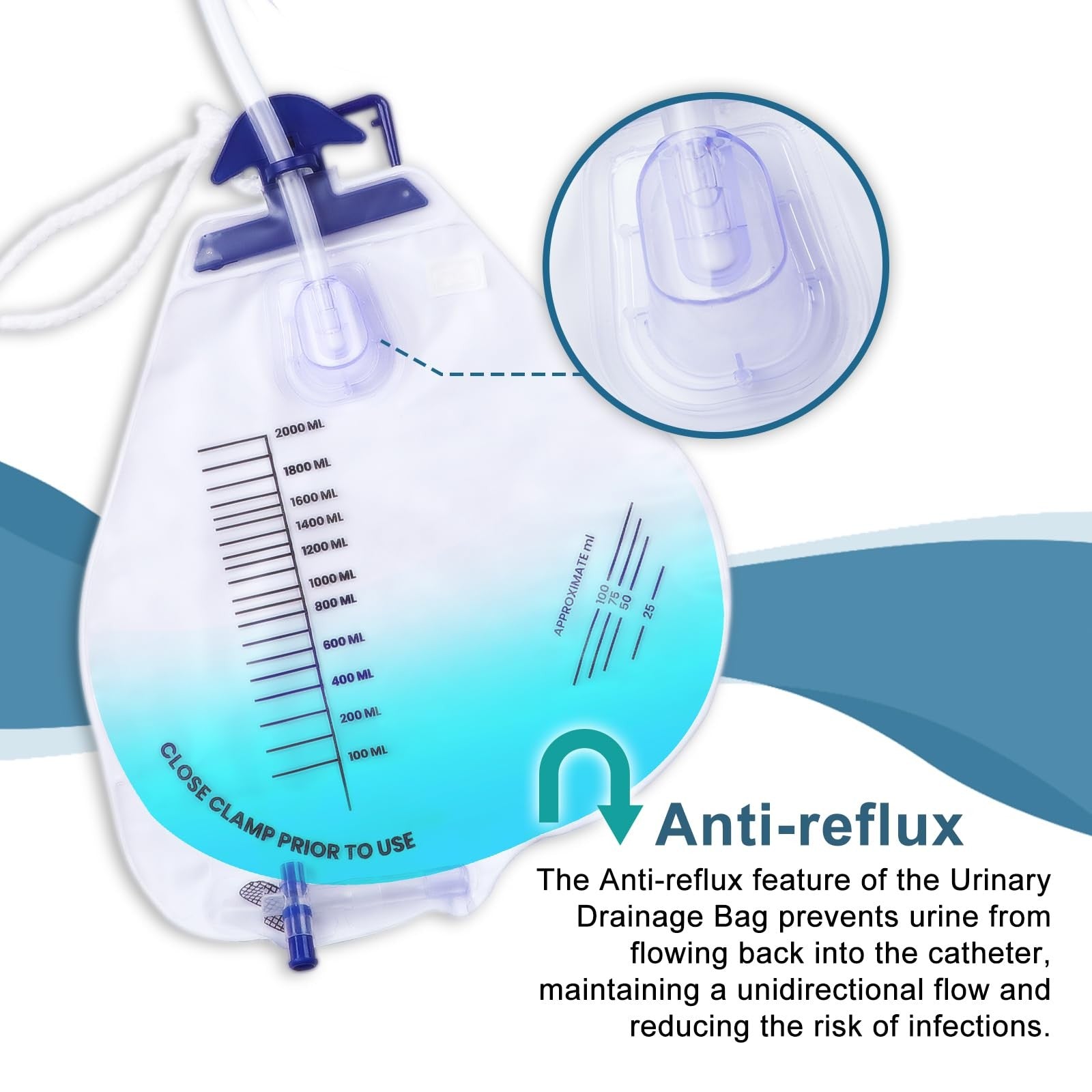 Set of 10 YOOGUSTO urinary drainage bags with 2000ml capacity, anti-reflux chamber, and 48-inch flexible tubing.