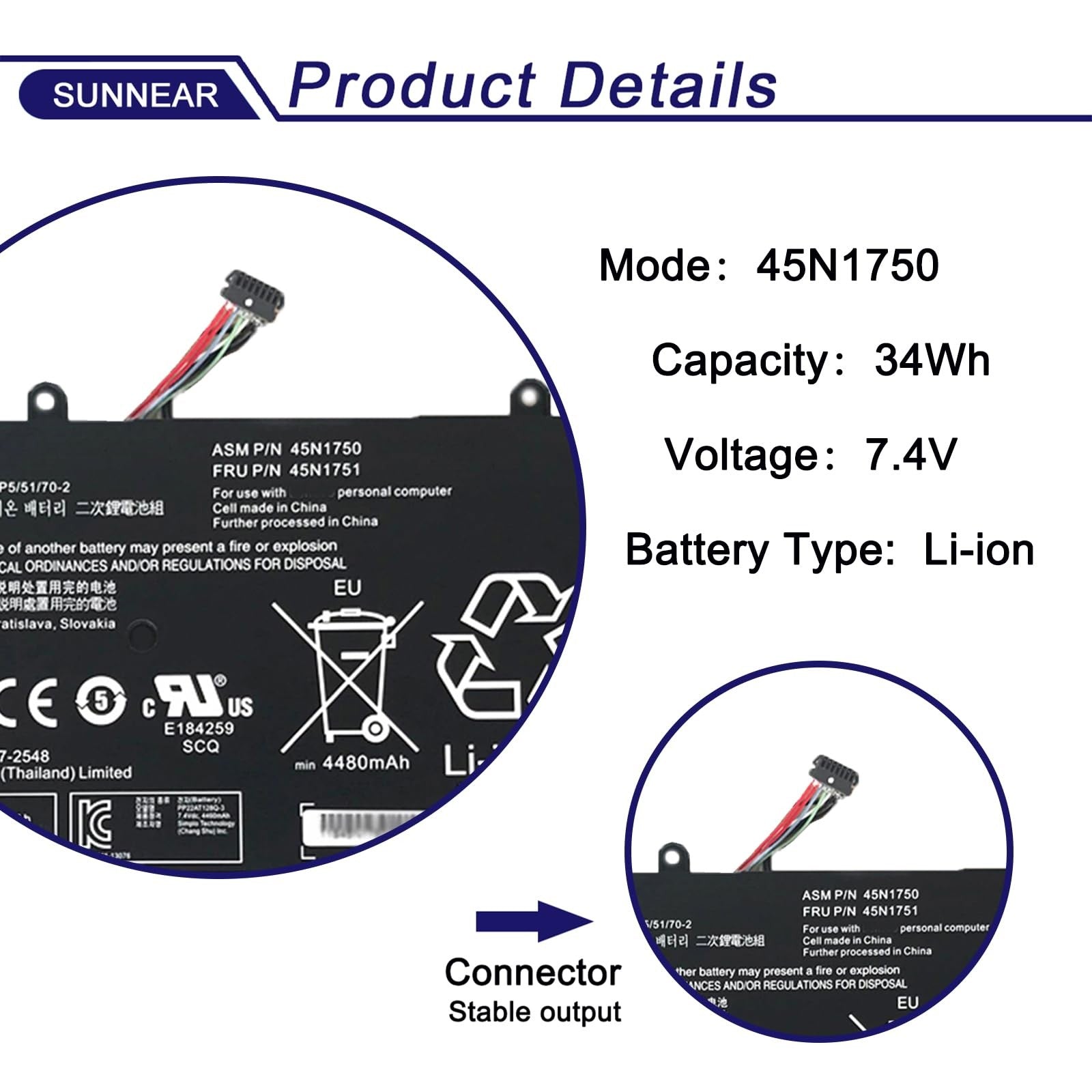 Laptop battery replacement for Lenovo ThinkPad Yoga 11E, unbranded 45N1750 45N1751 model, shows the replacement battery with connectors.