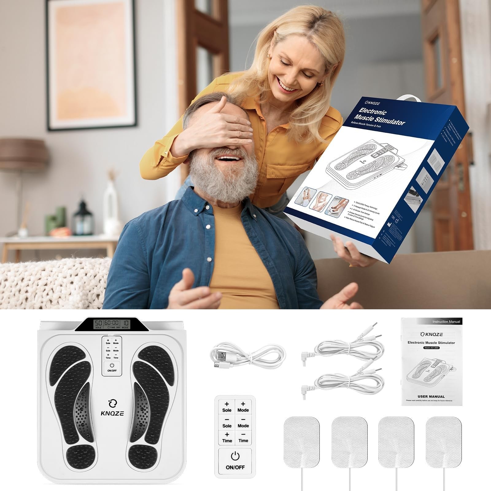 KNQZE EMS foot massager for neuropathy and nerve circulation, with TENS stimulation device on a person's foot.