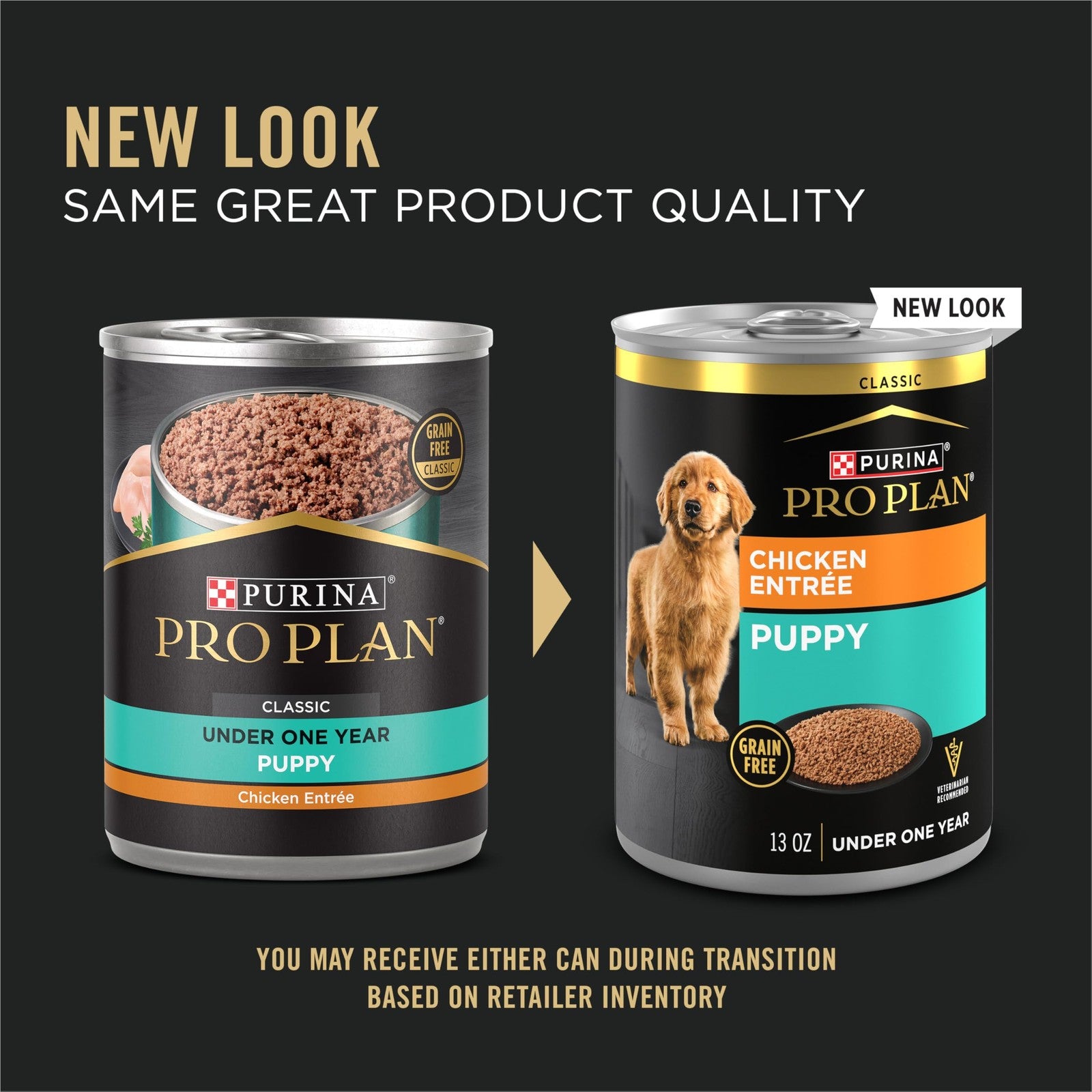 Cans of Purina Pro Plan Grain-Free Wet Puppy Food with Classic Chicken Entrée, 12-pack, showing the food's packaging and product label.