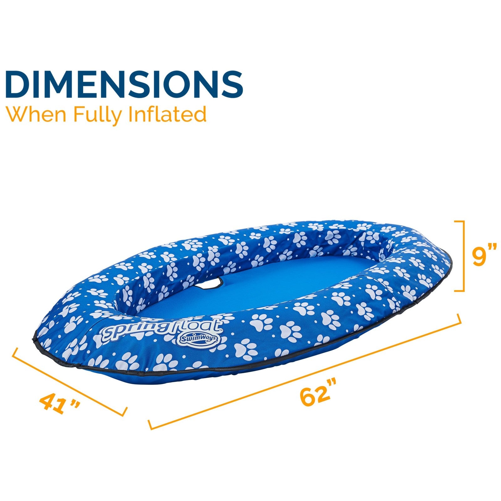 Large blue Swimways Paddle Paws spring float dog raft for dogs 65 lbs and up, featuring paw print design on inflatable pet float.