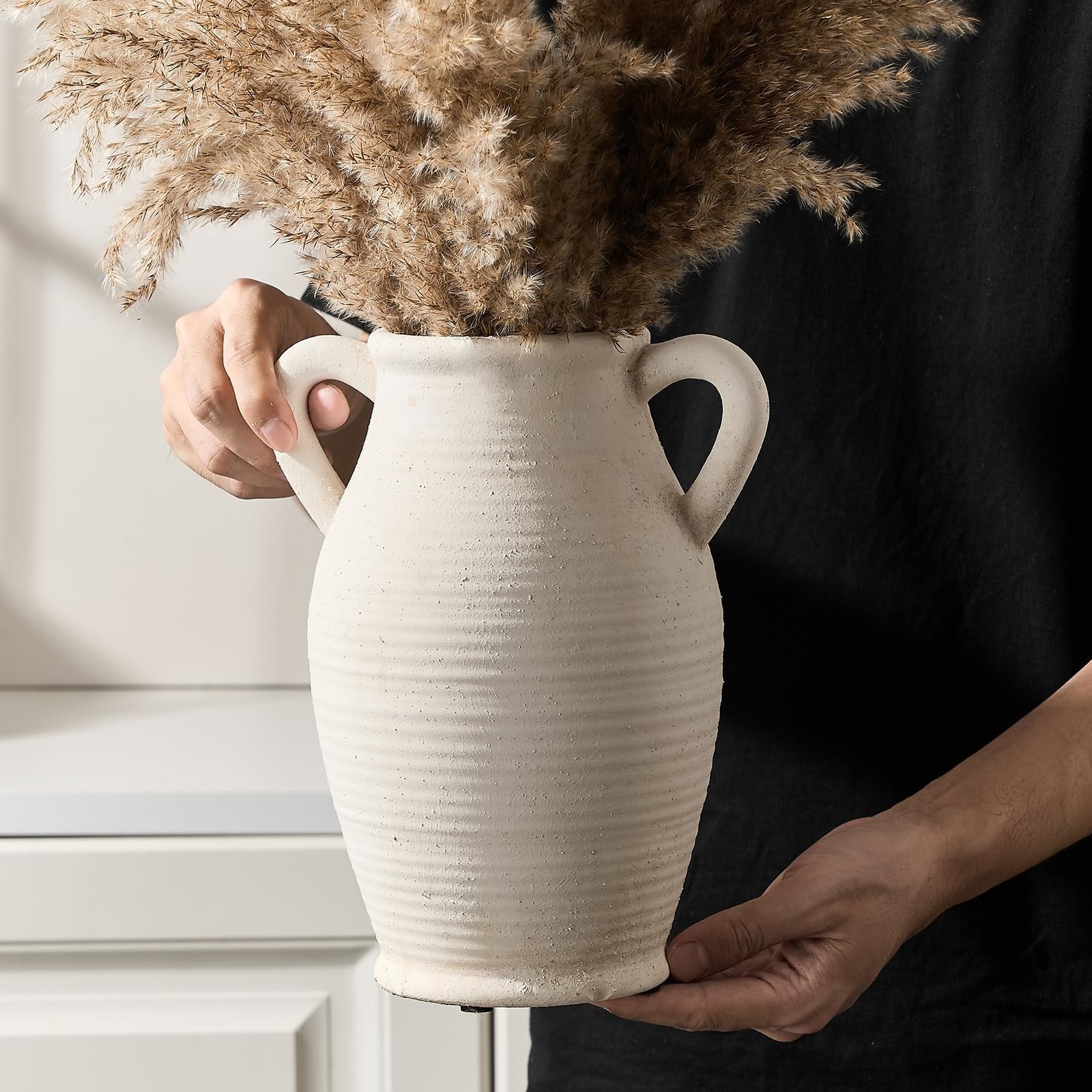 Large rustic ceramic Vaseking Emotionally Grounded vase with two handles, featuring a textured finish and sturdy base.