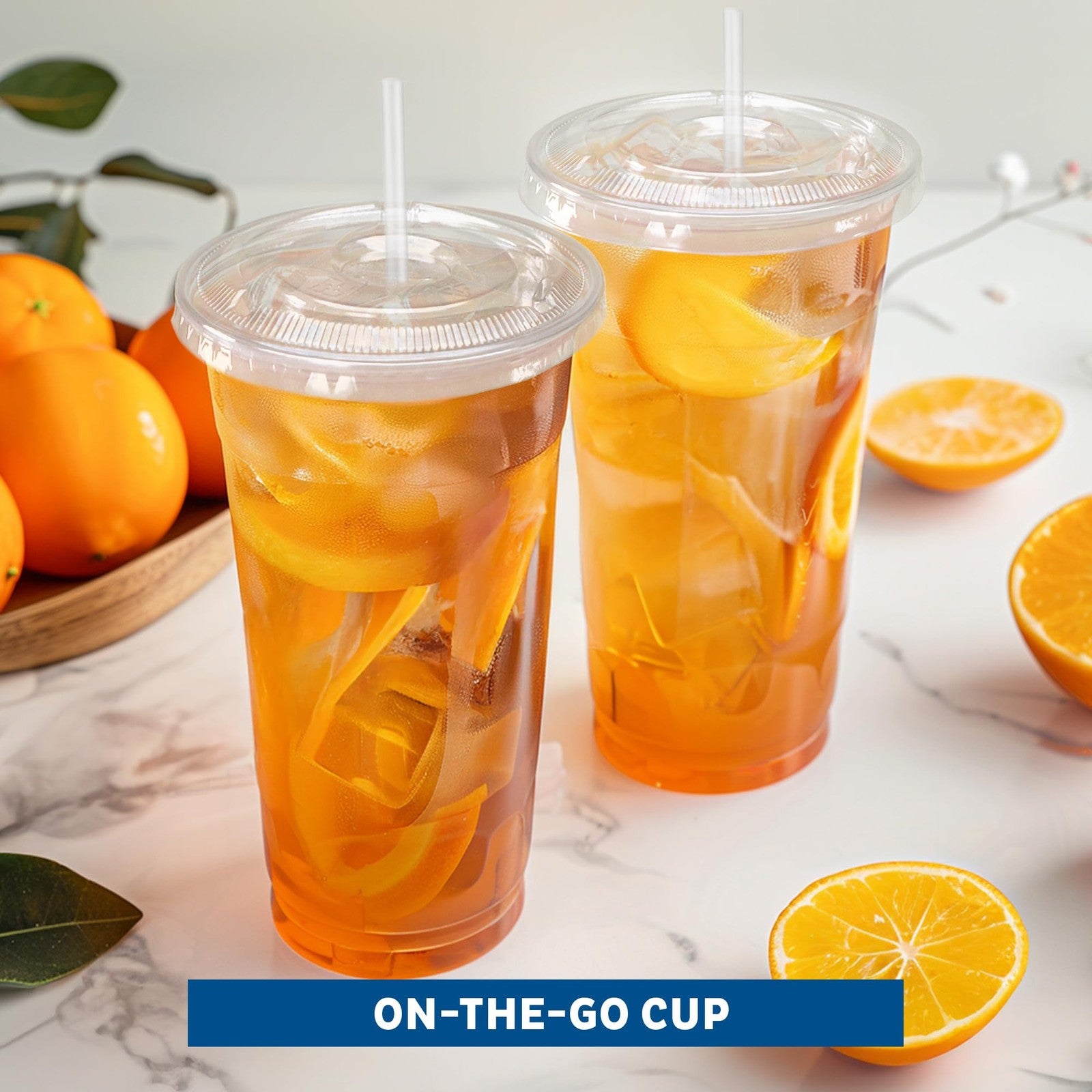 Freshware 24 oz clear disposable plastic cups with flat lids and straws, set of 100, suitable for beverages and parties.