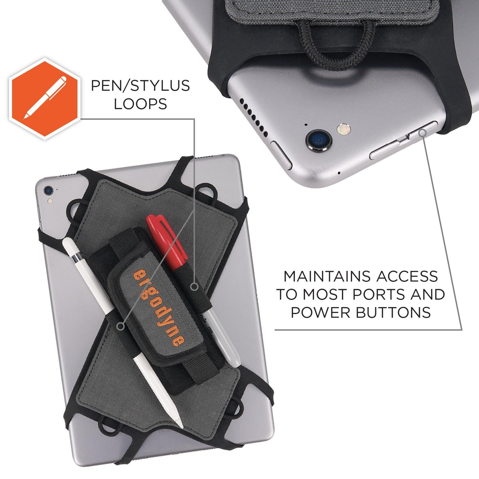 Ergodyne Squids 5549 tablet holder with detachable shoulder strap, showing a black mobile device case with adjustable strap.