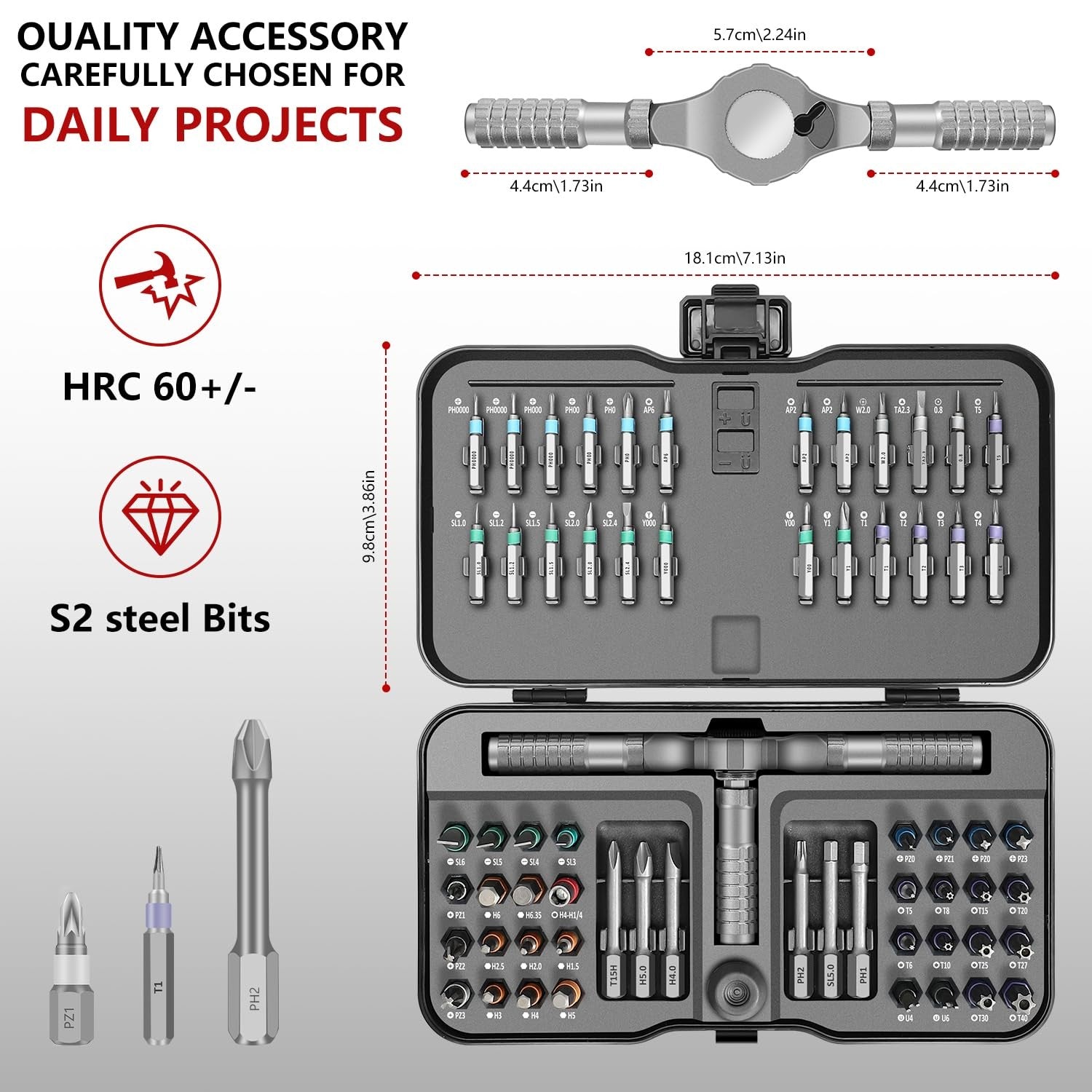 JENABOM 66-in-1 magnetic screwdriver set with multiple bits and ratchet handle, ideal for DIY and repair projects.
