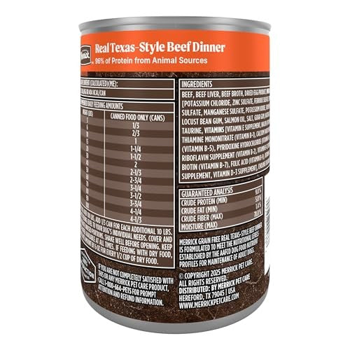 Canned dog food by Merrick featuring real Texas beef dinner with grain-free, natural ingredients in a 13-ounce can.