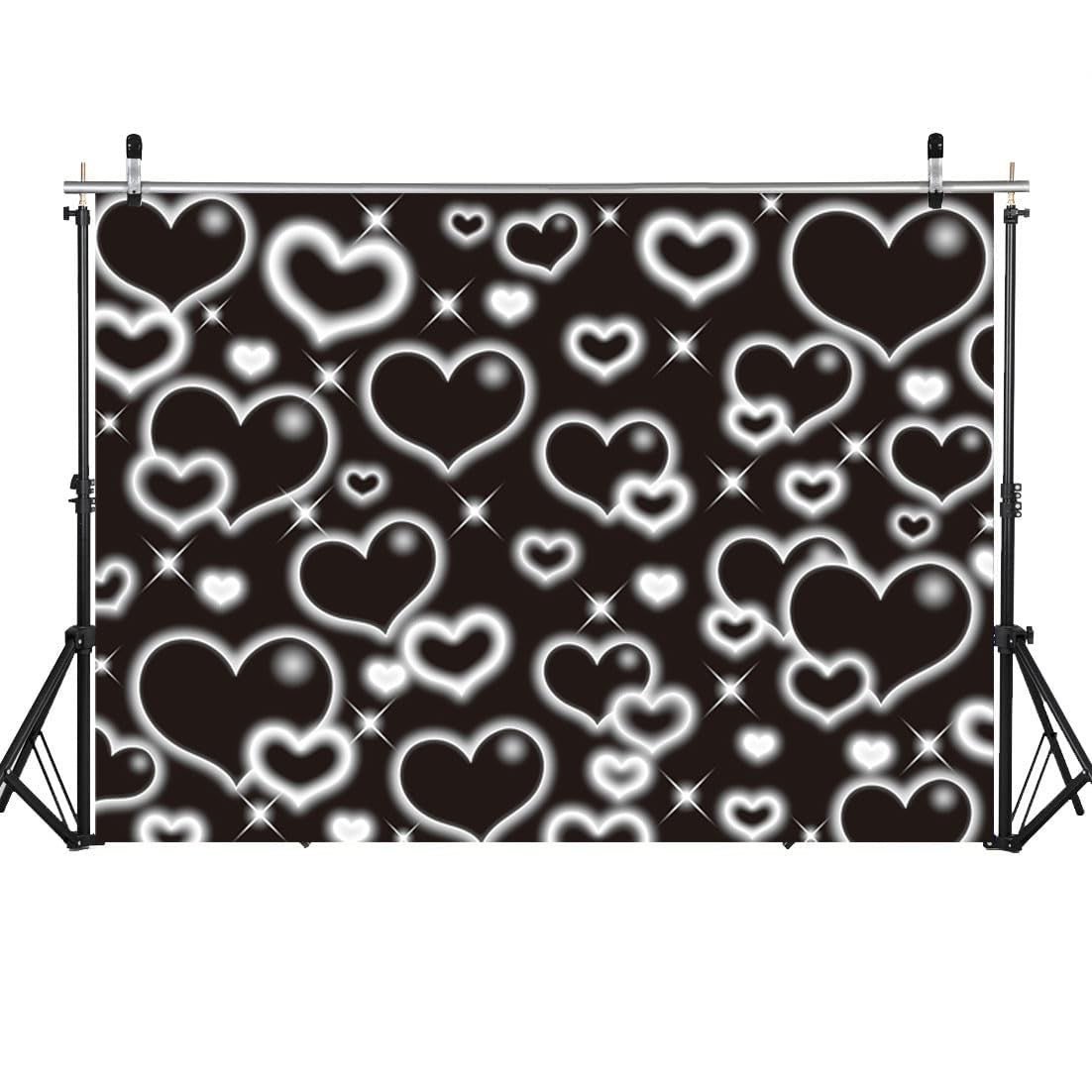 Black heart-themed party photo backdrop by CINRAY, 8x6 feet, perfect for love-themed photoshoots and early 2000s style events.