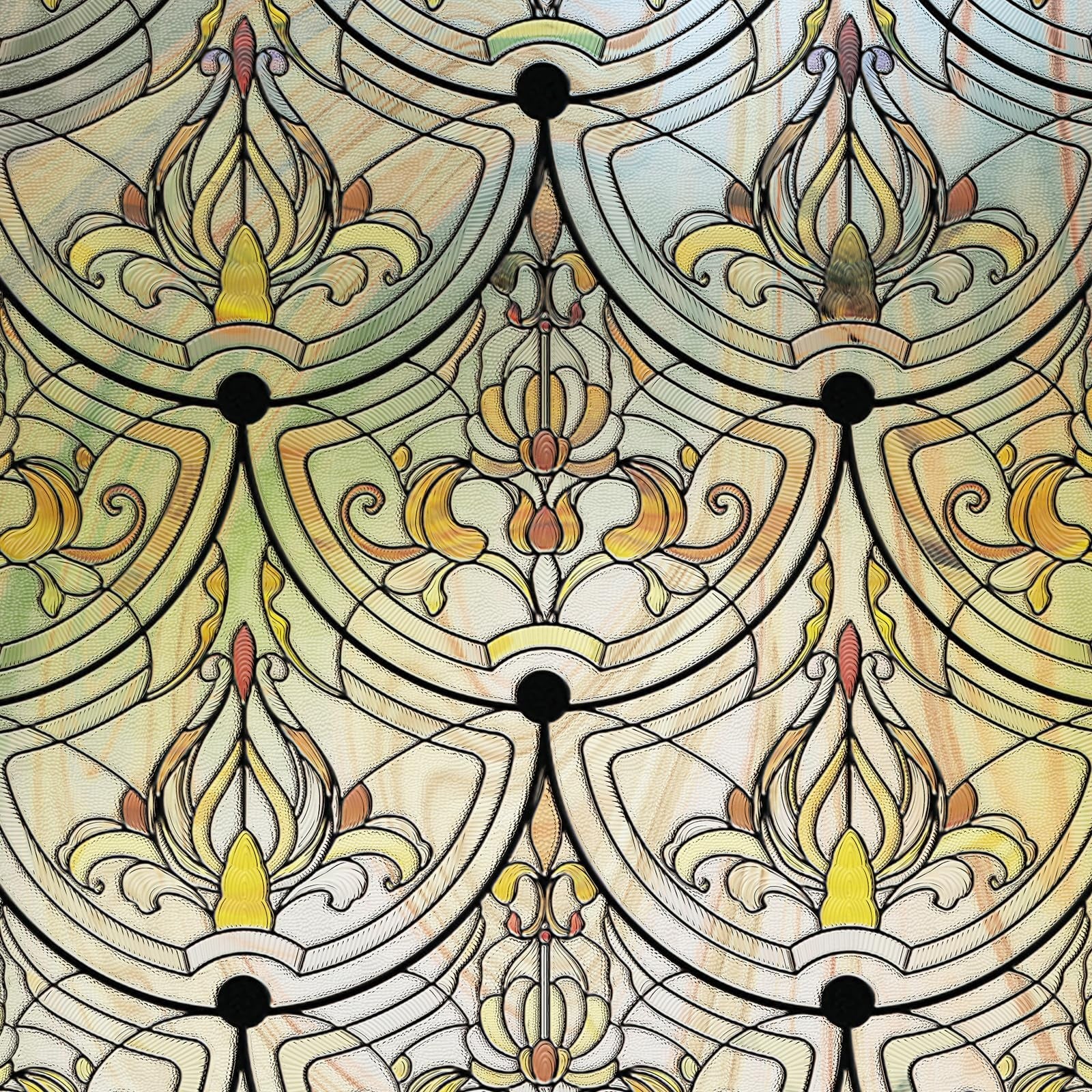 ADD.HERES 3D stained glass window film featuring decorative golden ironwork design for bathroom and front door privacy.