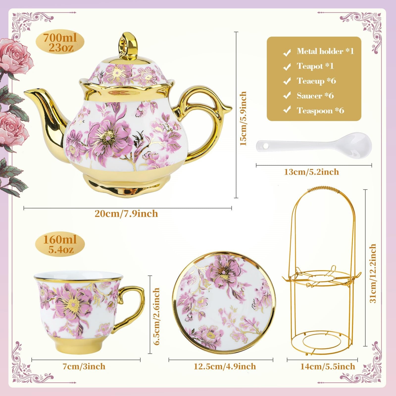 Hebaogugu 20-piece porcelain tea set with metal holder, includes cups and teapot, 700ml European ceramic tea set for brewing and serving.