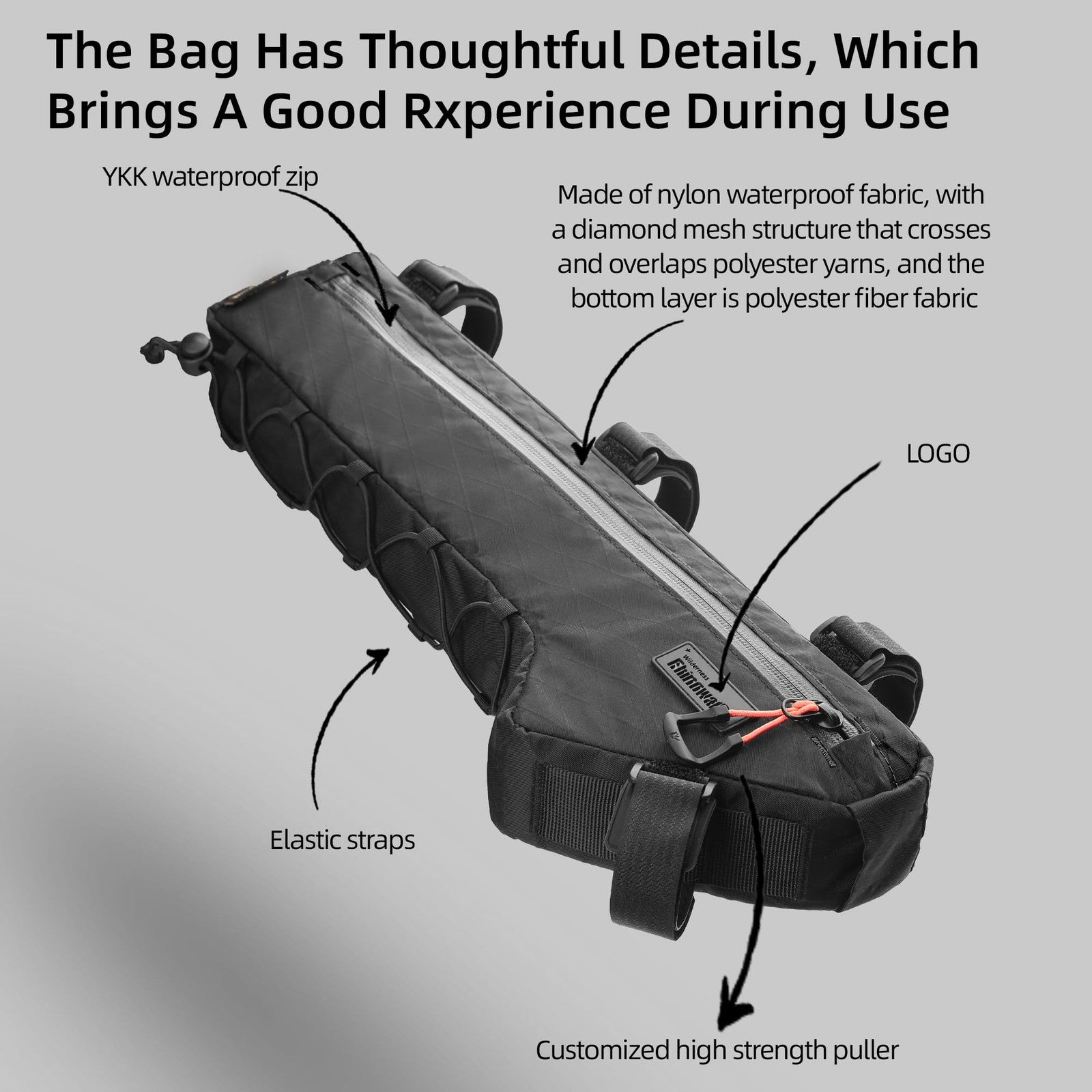 Rhinowalk bicycle front frame bag mounted under top tube, waterproof bike bag for secure storage during rides.