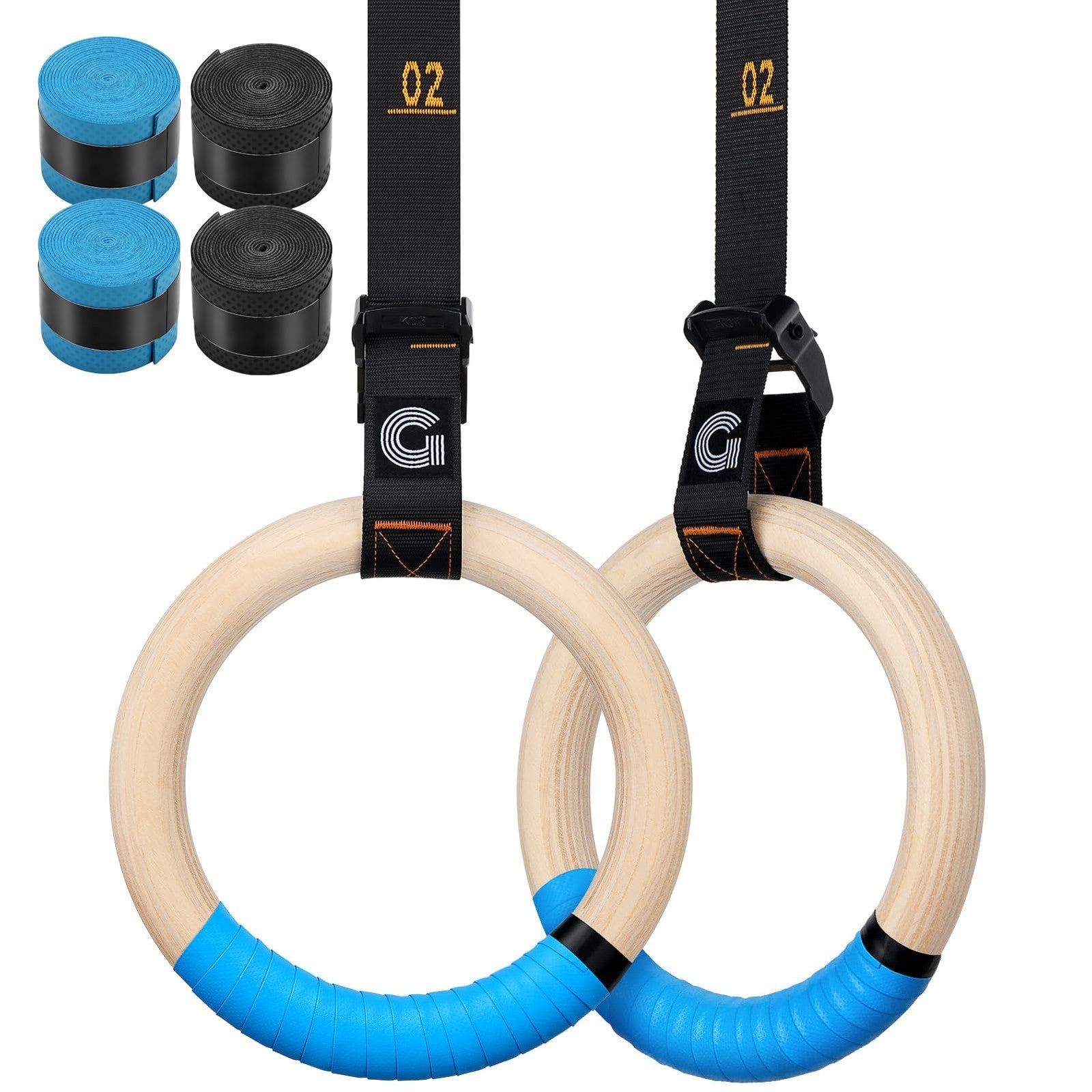 Gonex gymnastics rings with adjustable straps and cam buckle for pull-up workouts, hanging on a gym setup.