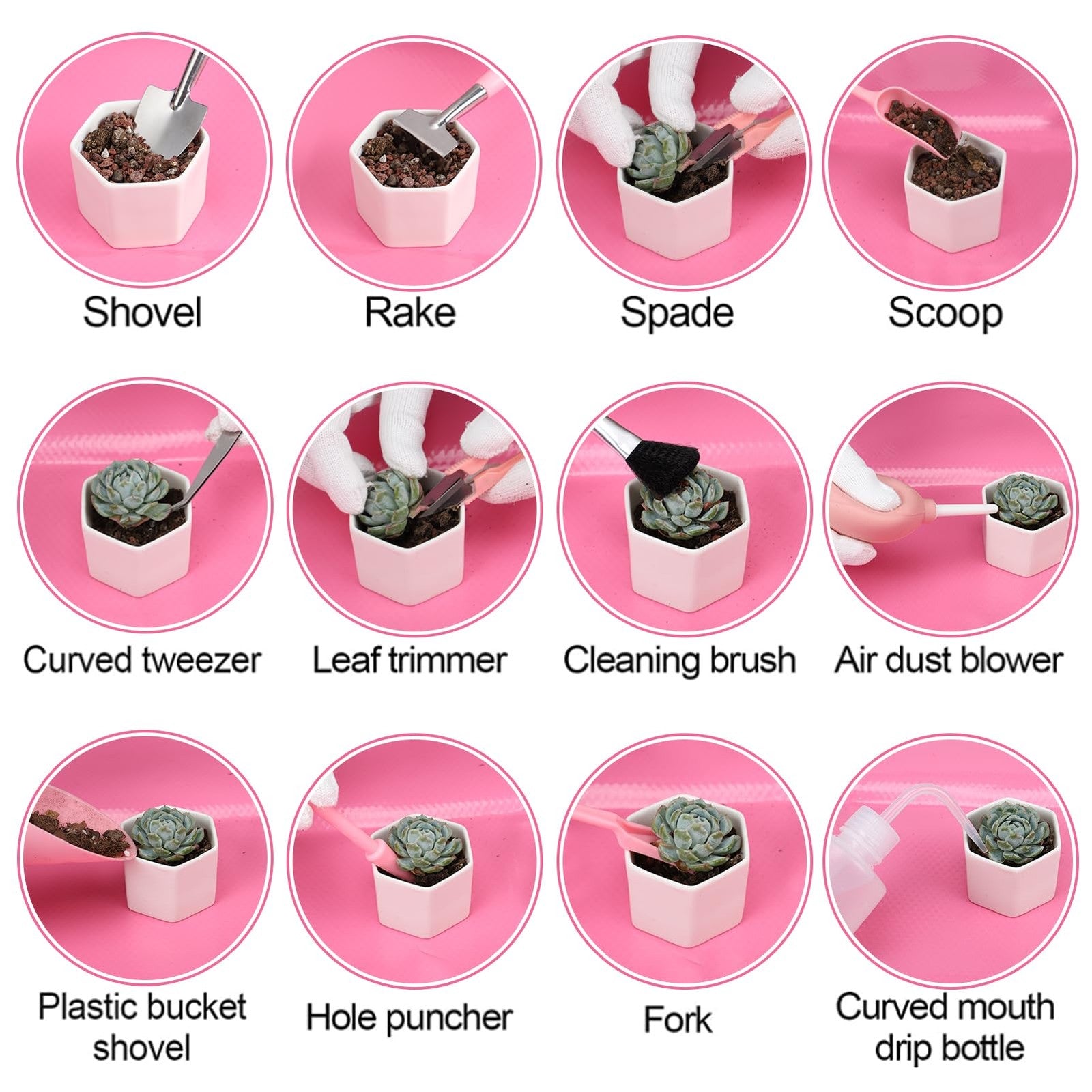 Pink ANPHSIN gardening tools set with 44 pieces for succulents, bonsai, and transplanting, including small shovels, shears, and pruners.