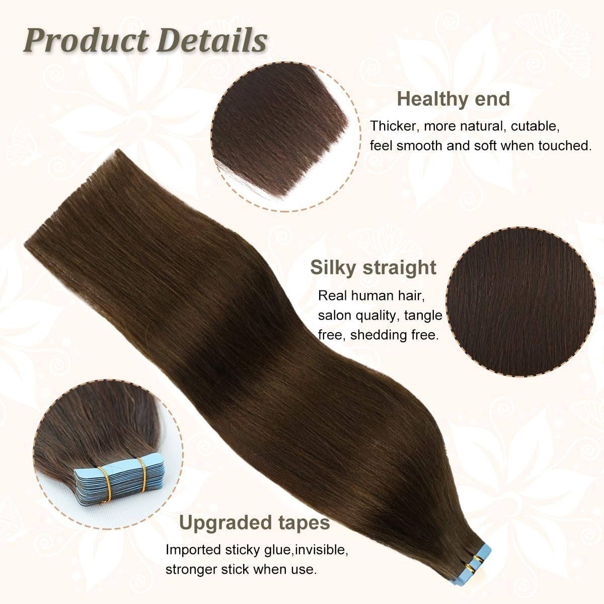 LAKASTATR 22-inch human hair tape-in extensions in shade #4 M, showing seamless tape-in hair extension strands laid flat