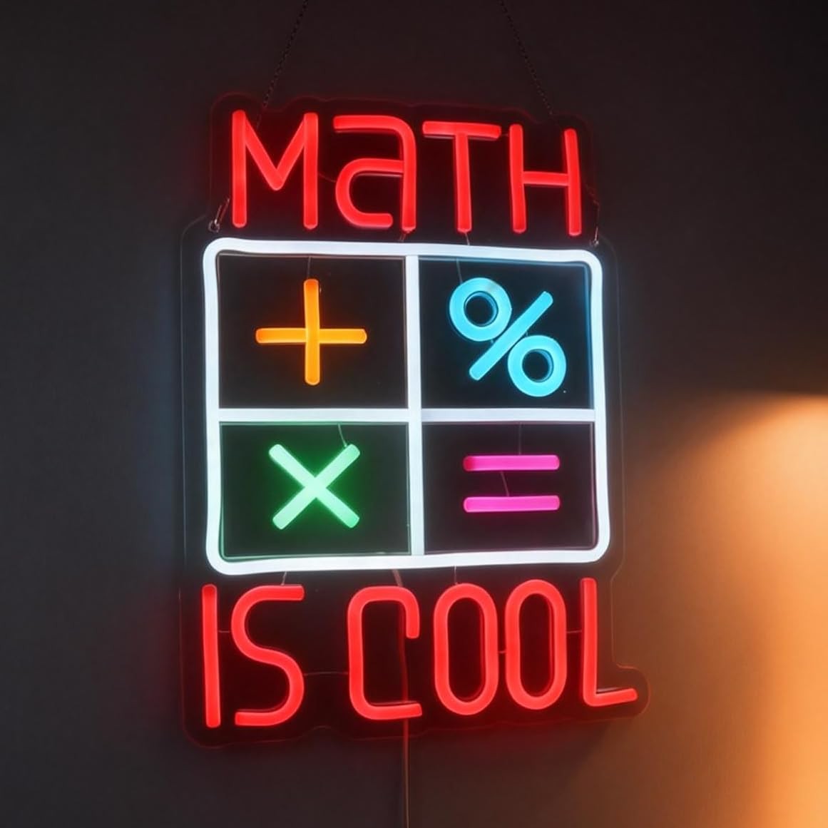 Nordstylee Math Is Cool neon sign with LED lights, perfect for math lovers and classroom decor featuring a bright, bookish design.