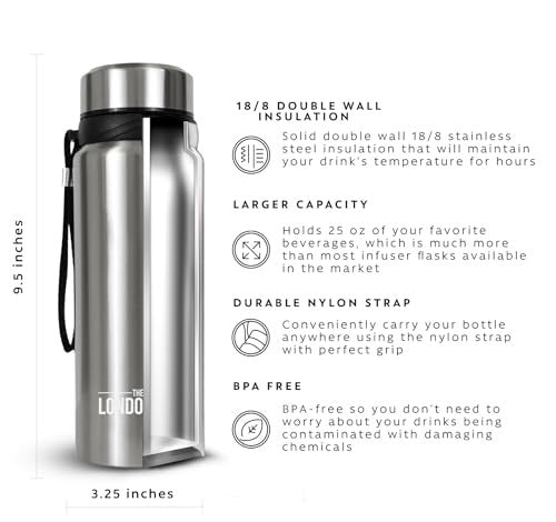 London Sip 25 oz travel mug with tea infuser and water bottle feature, stainless steel body and leak-proof lid.
