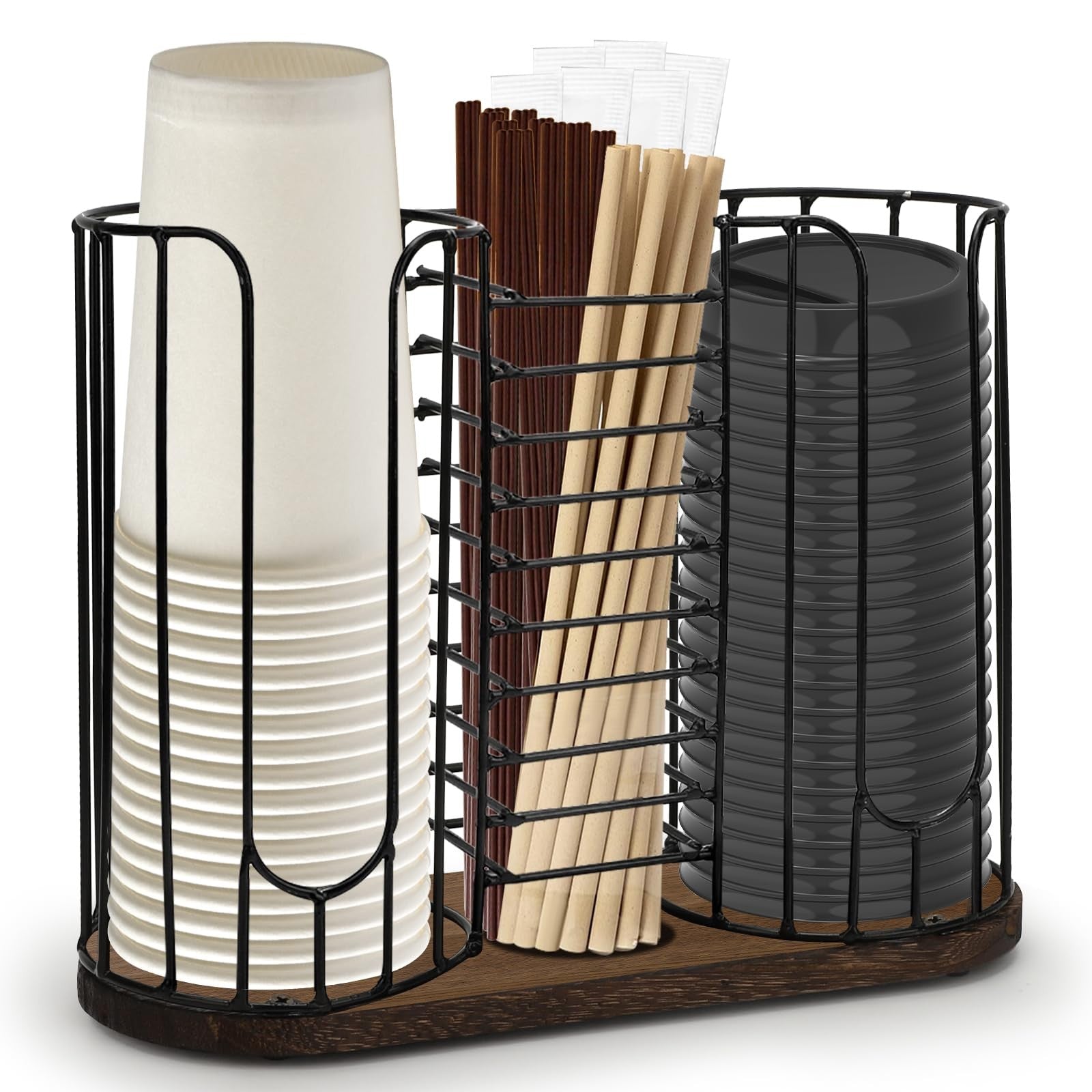 Tanggiteck 3-compartment 18oz coffee cup dispenser rack with wood base for disposable cups, organized and easy to access.