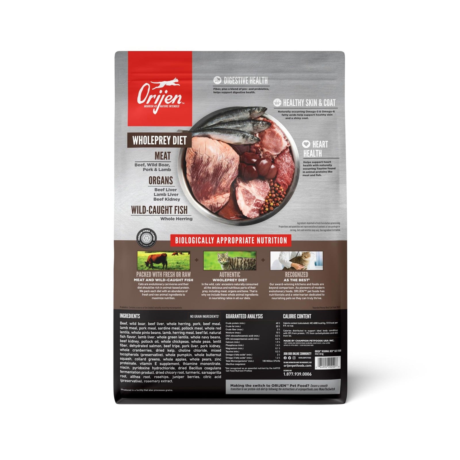 Orijen Grain Free High Protein Dry Cat Food Regional Red Recipe, 4lb bag, featuring premium natural ingredients for healthy feline nutrition.