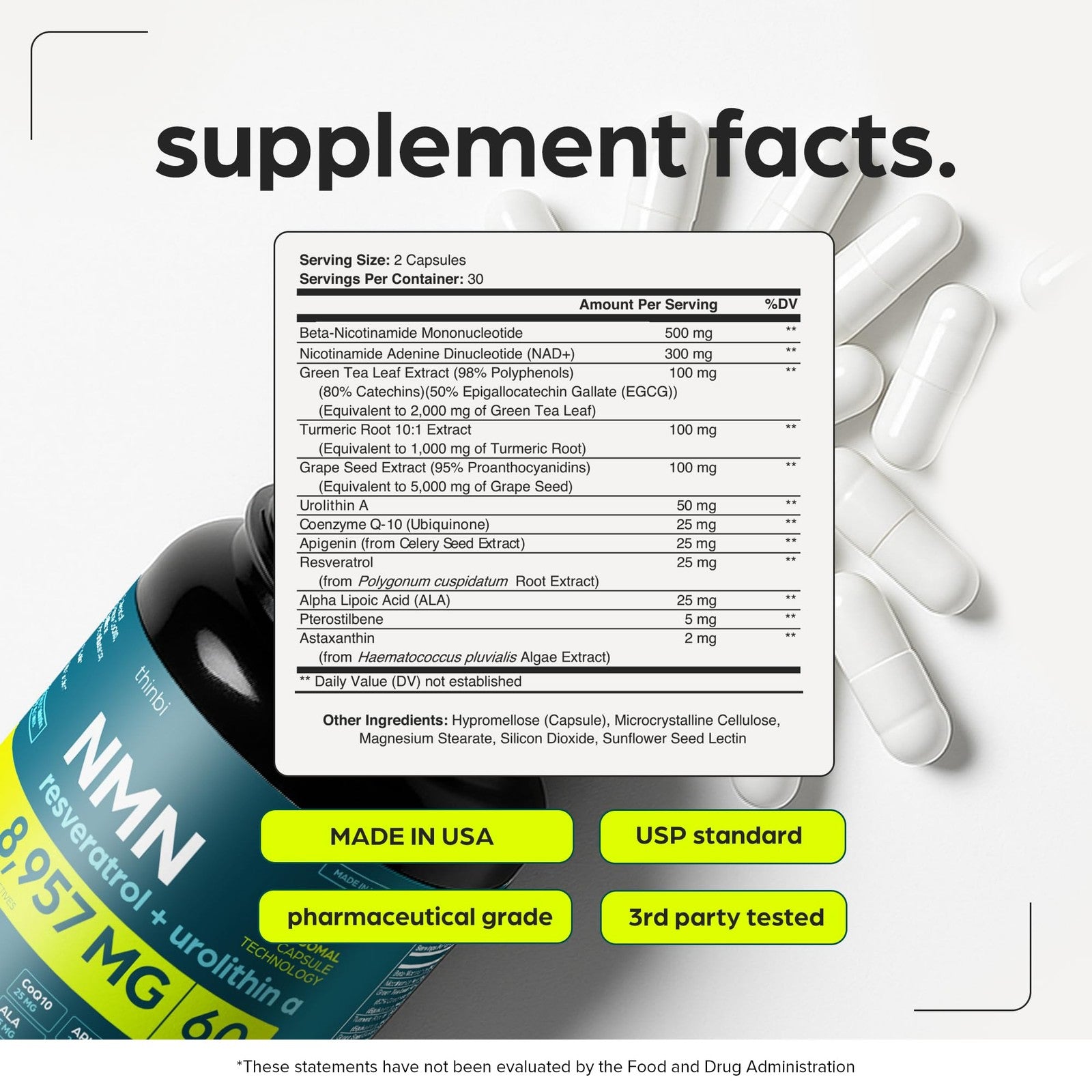 Thinbi NMN supplement container with 8957mg, featuring real NAD+, Urolithin A, and Resveratrol for anti-aging support.
