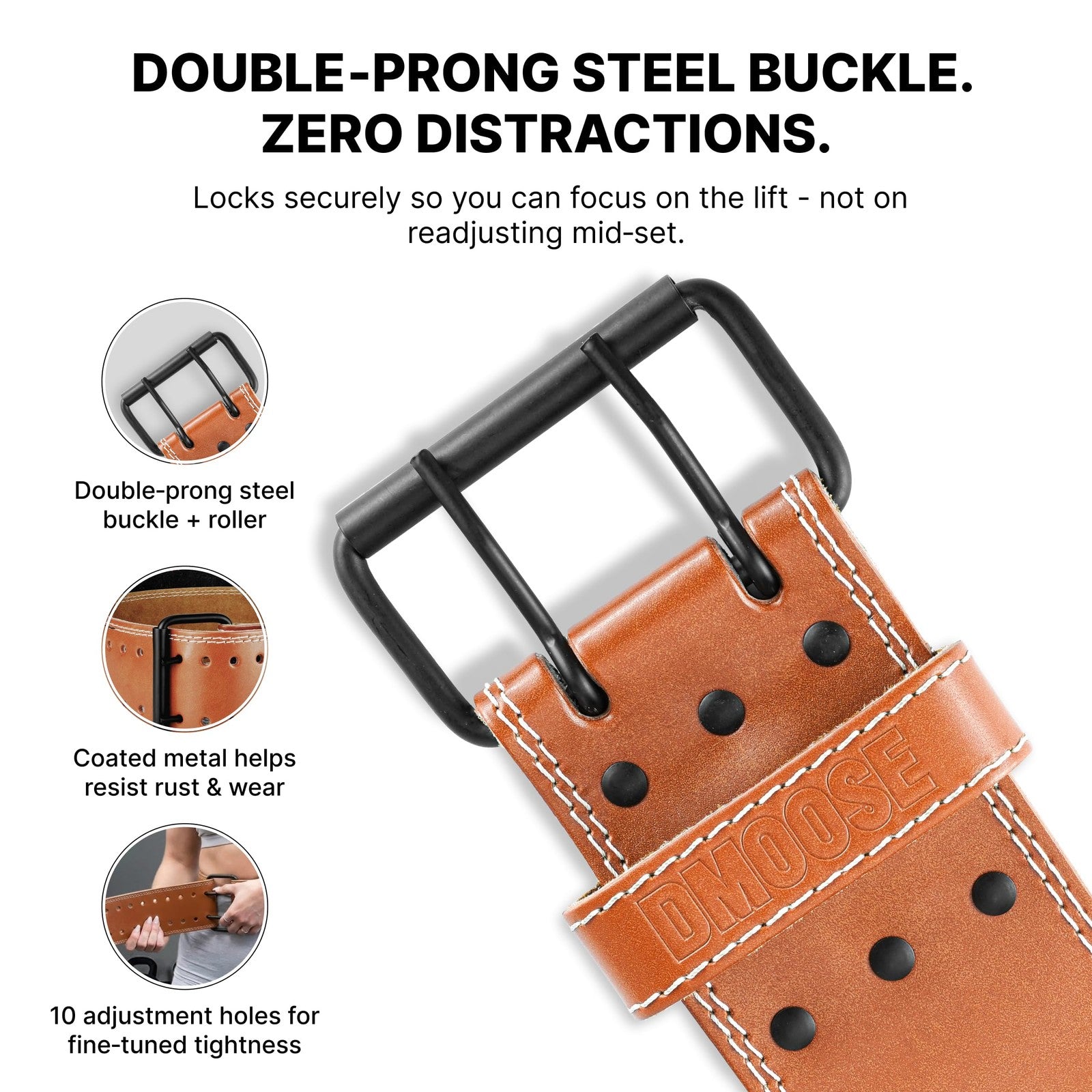 Genuine leather Dmoose Fitness weightlifting belt for men and women, showing the sturdy design and adjustable strap.