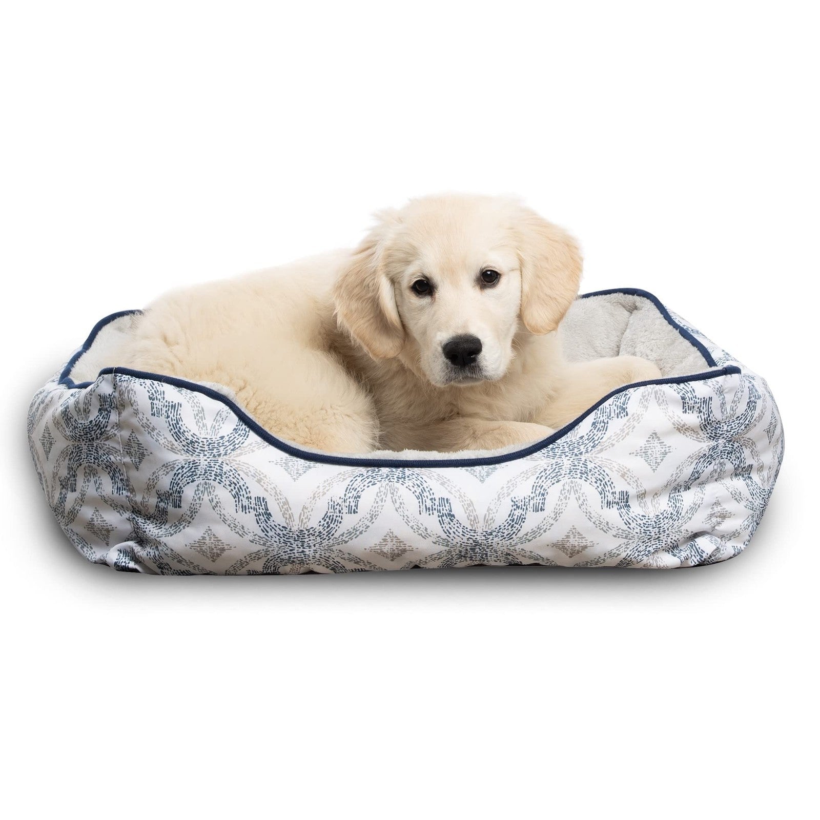 Modern Threads luxury dog bed in Oxford printed plush with cushioned sides, designed for small to medium-sized dogs.