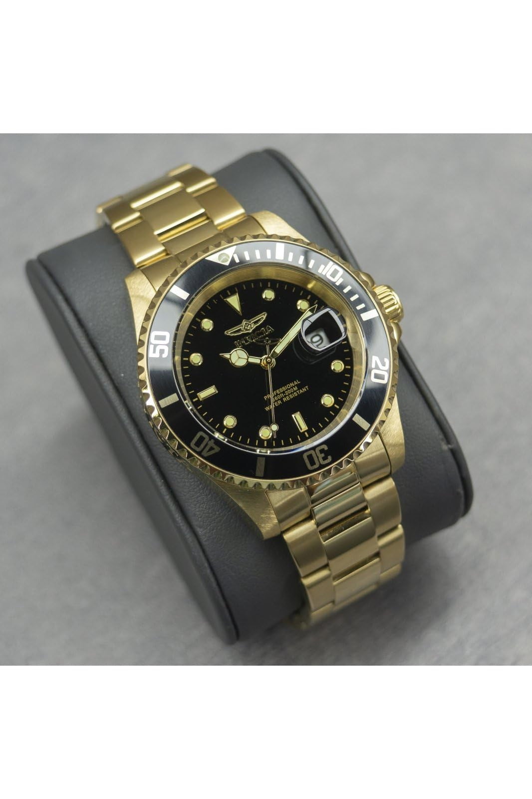 Invicta Pro Diver men's gold quartz watch with 20mm stainless steel band, displayed in box with detailed watch face.