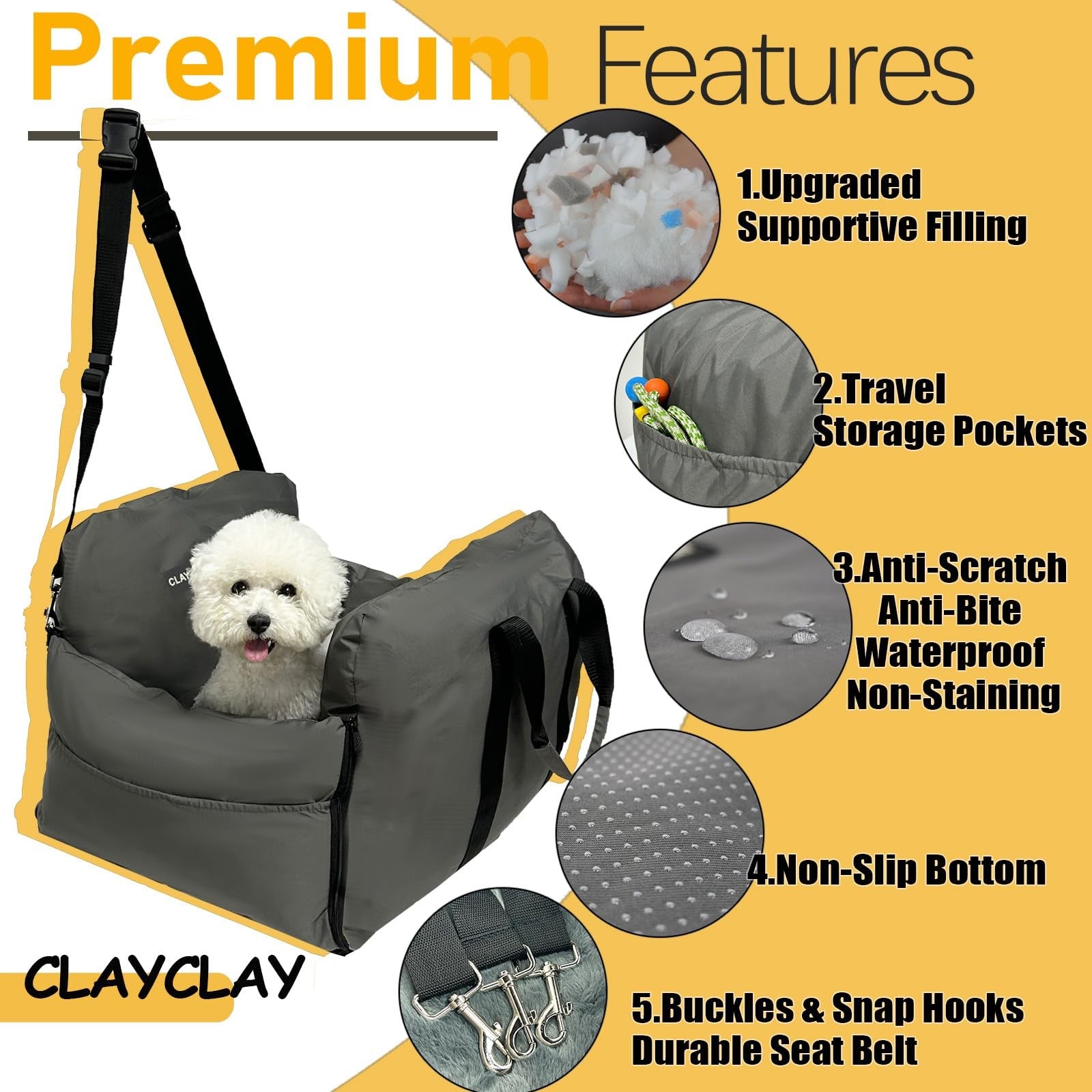 Waterproof CLAYCLAY dog car seat for small dogs with safety strap, portable booster seat for travel and car rides.