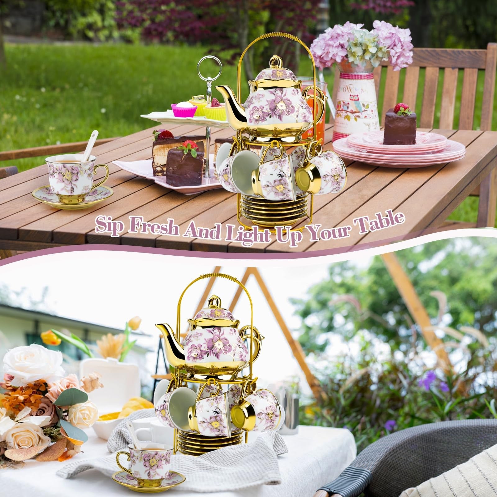 Hebaogugu 20-piece porcelain tea set with metal holder, includes 700ml ceramic teapot and matching cups, European style.