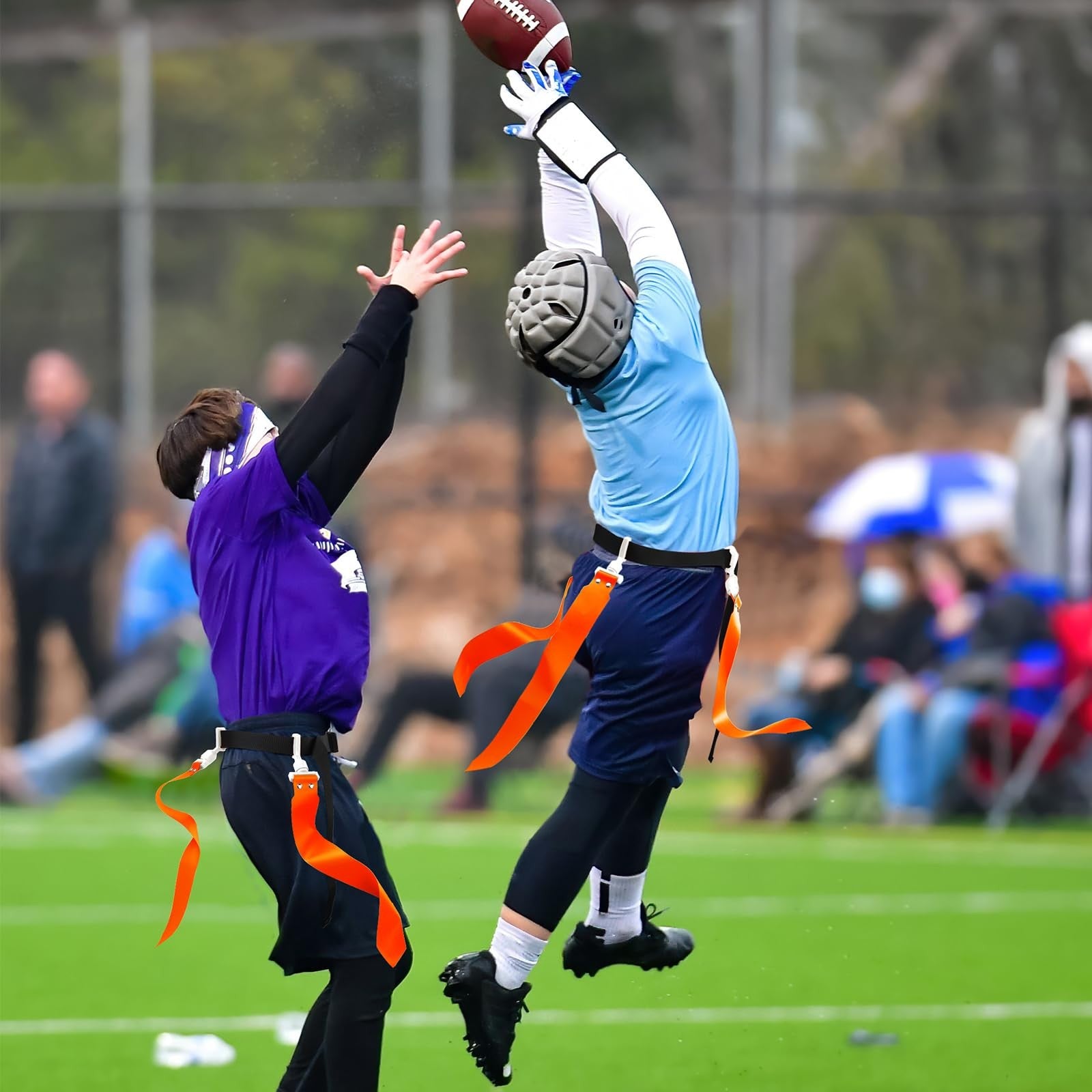 Junkin flag football set with 10 adjustable belts and flags, designed for 6, 8, or 10 players, suitable for outdoor play.