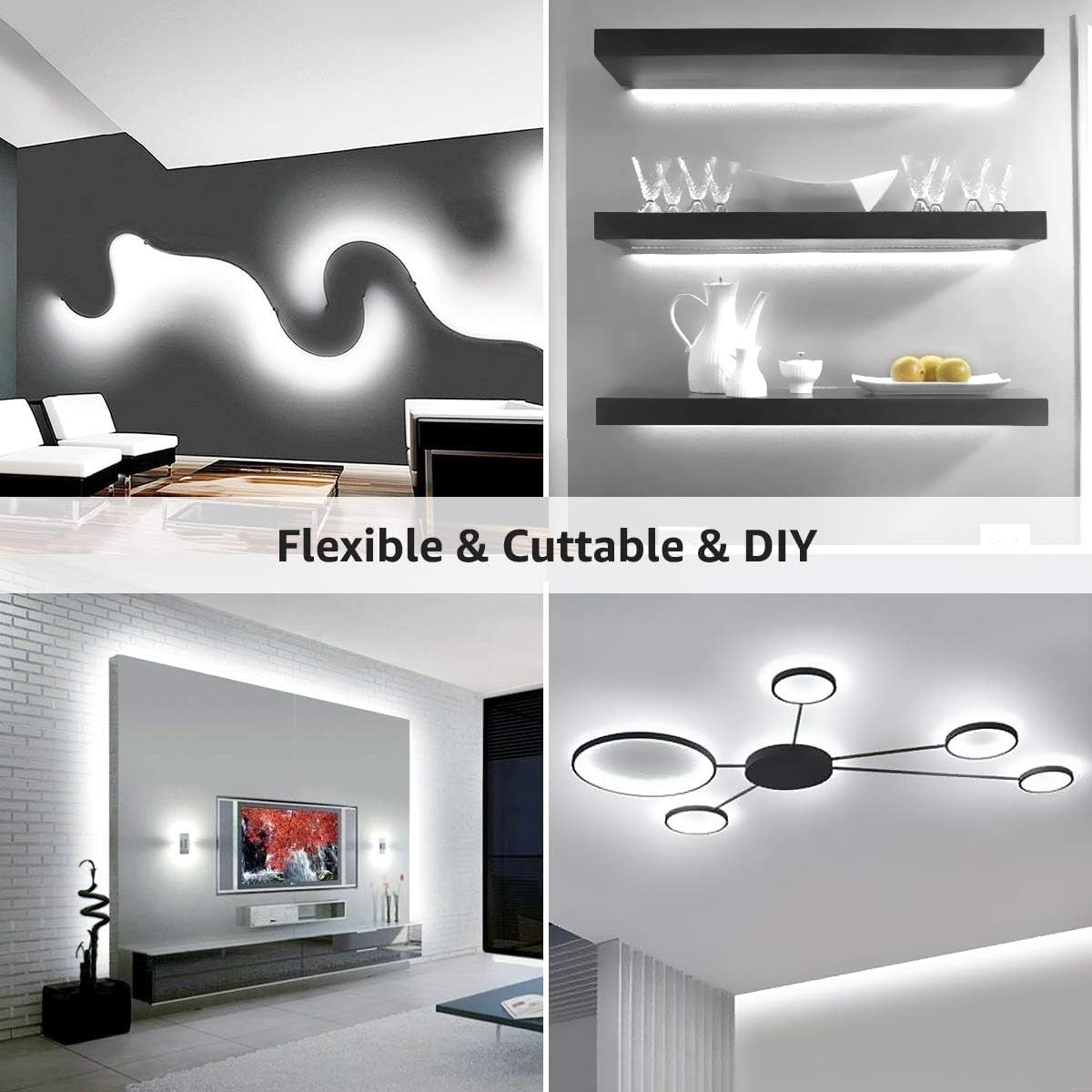 Dimmable 32.8ft LED strip light with bright 6000K white glow, flexible tape for vanity or home decor lighting.