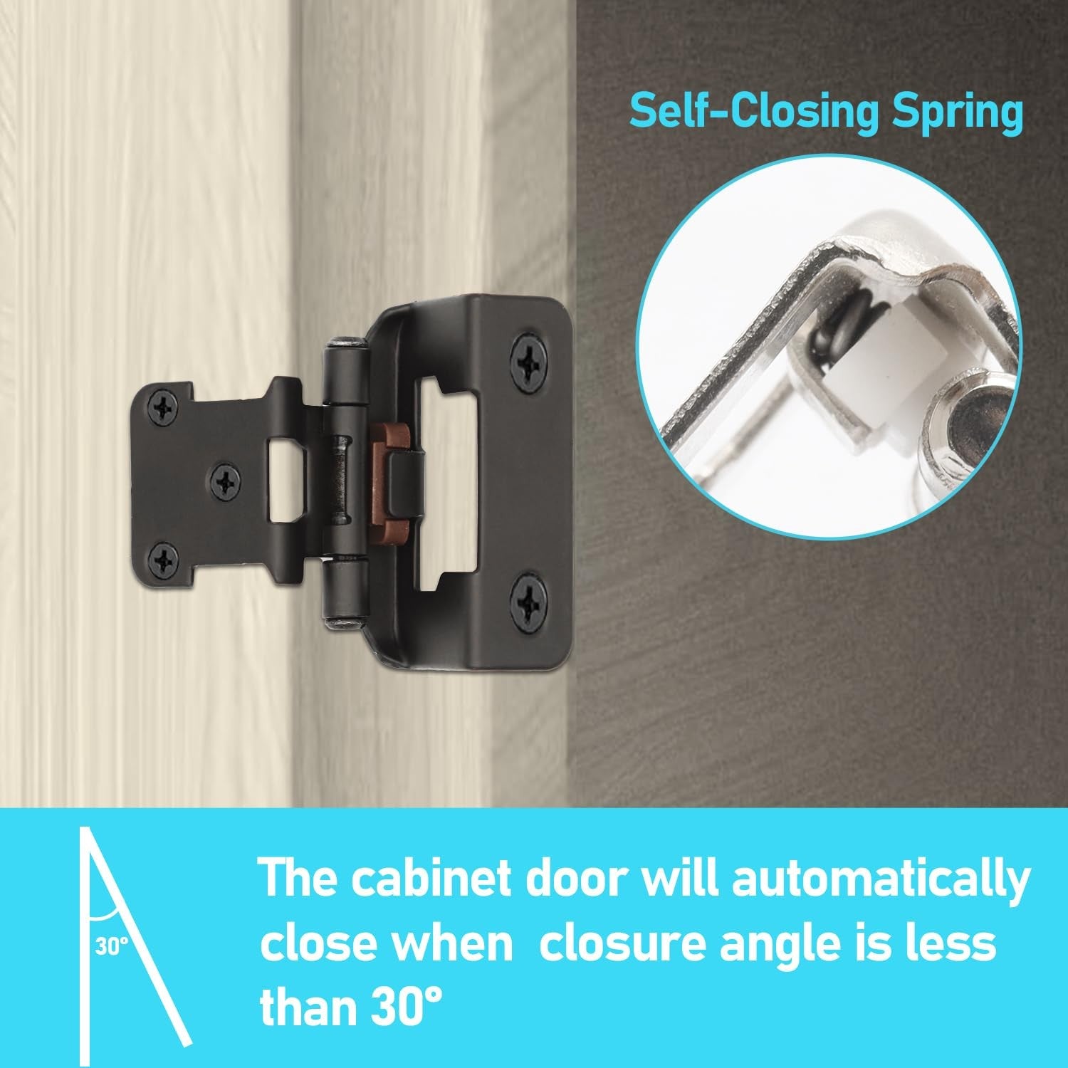 Funghwang 60-pack black semi-wrap overlay hinges, modern 1/2-inch hinges for cabinets, showing close-up of hinges attached to wood.