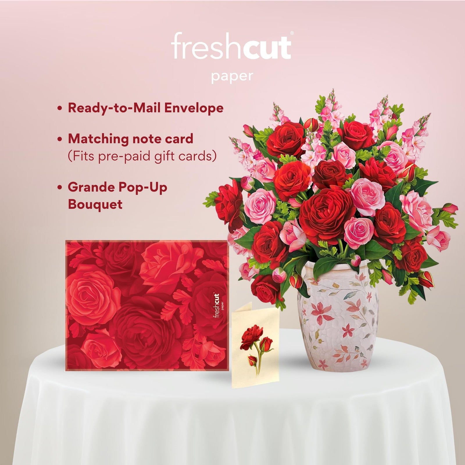 Freshcut Paper Grande Blooming Roses pop-up card with vibrant, life-sized 18-inch paper roses displayed in a natural, detailed scene.