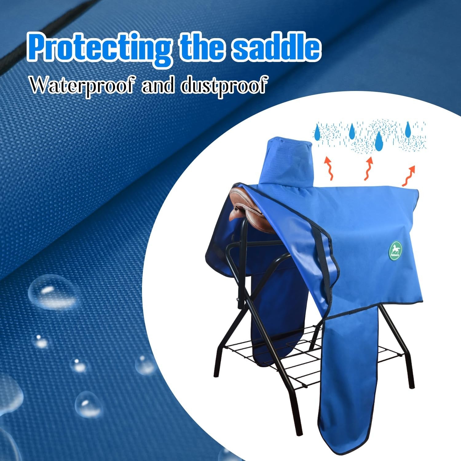 Paloura waterproof western saddle cover with six elastic straps, made from durable Oxford fabric, protecting saddle during riding.