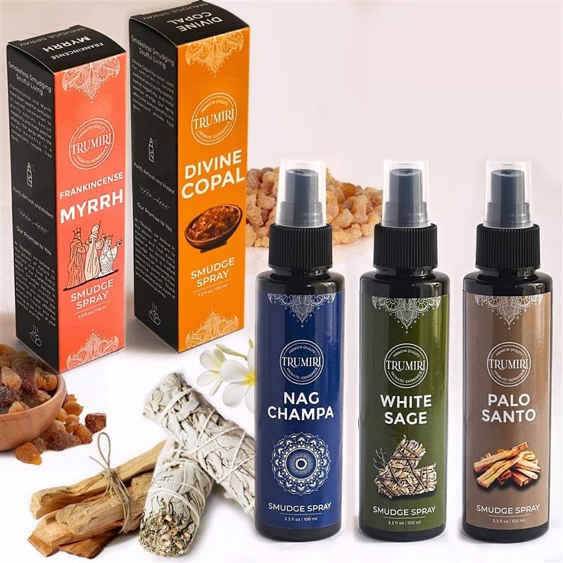 Set of 5 smudge sprays including white sage, palo santo, frankincense, myrrh, nag champa, and copal by TRUMIRI.