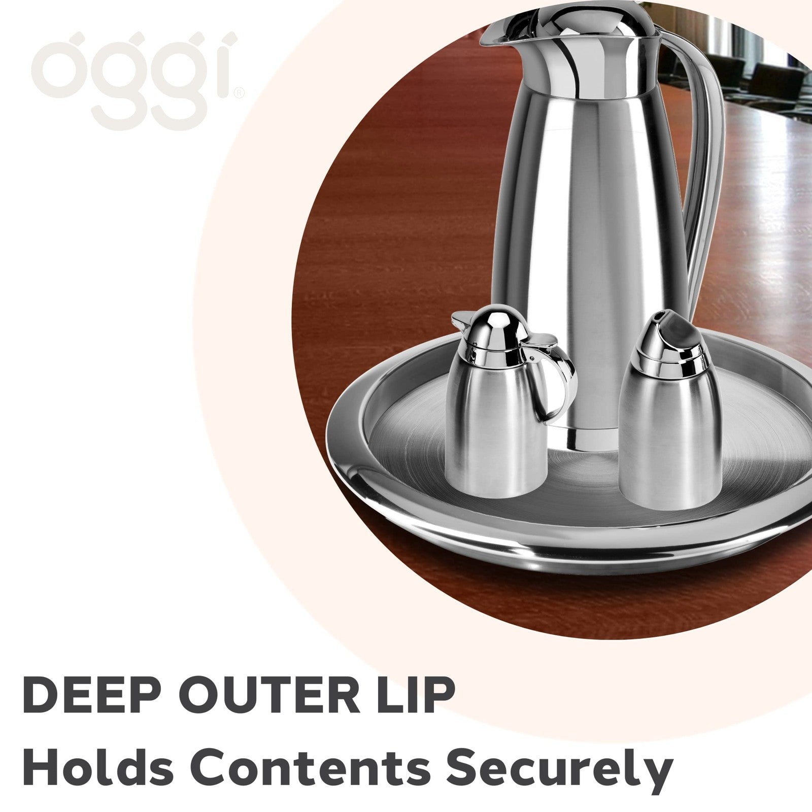 Oggi 14-inch round steel tray for coffee tables, decorative use, tea service, and bar display with a sleek metallic finish.